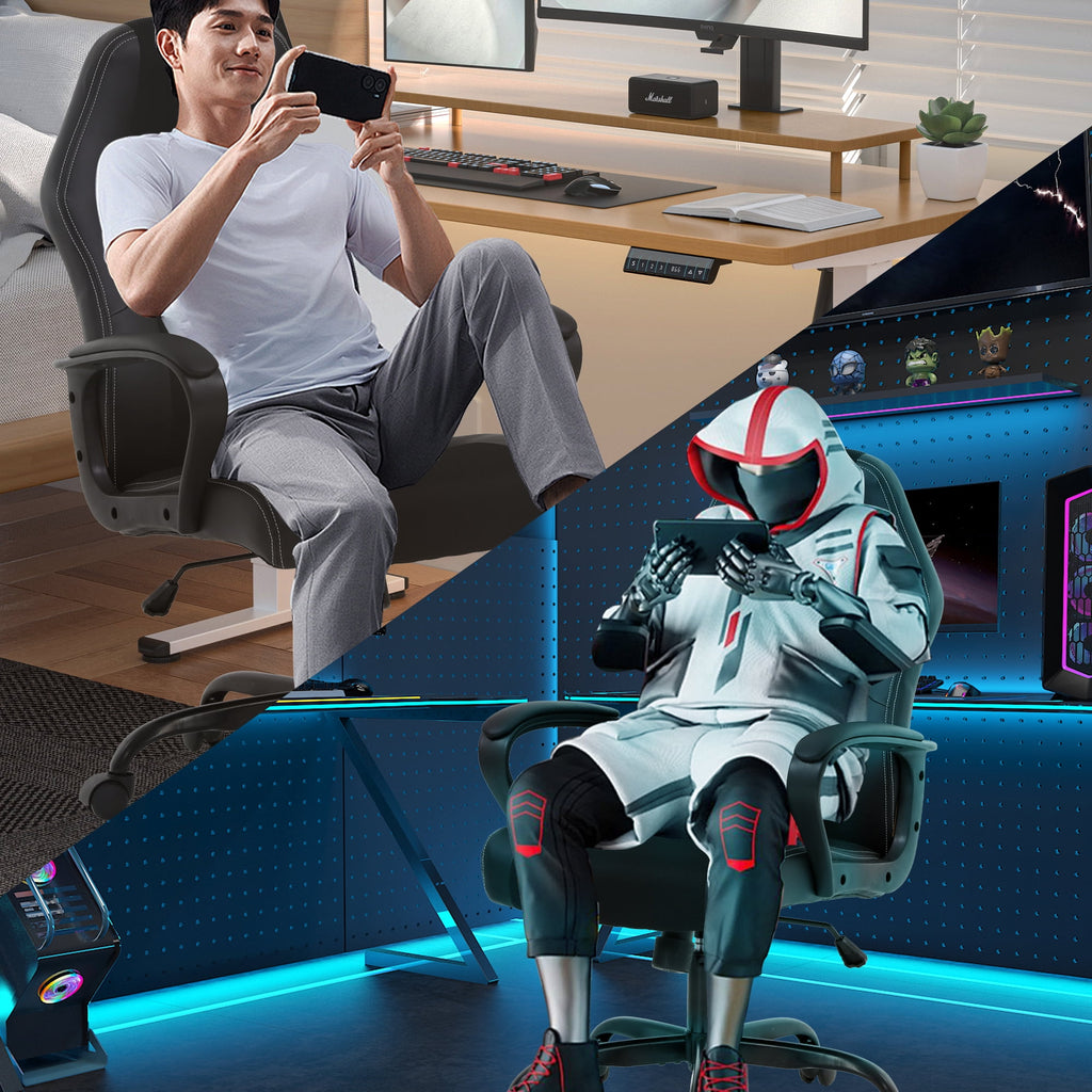 YRLLENSDAN Office Gaming Chairs Ergonomic Office Chair w/ Lumbar Support Armrest PU Leather Adjustable Height Computer Gaming Chair Gaming Desk Chair Gaming Computer Chairs for Adults, Black