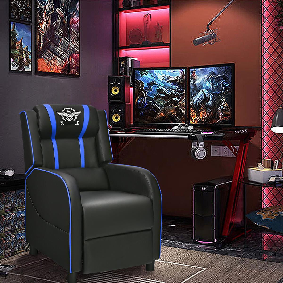 Giantex Gaming Recliner Chair, Reclining Gaming Chair Ergonomic Leather Sofa with Footrest Lumbar Support Headrest and Side Pouch for Living Room Home Theater, Blue