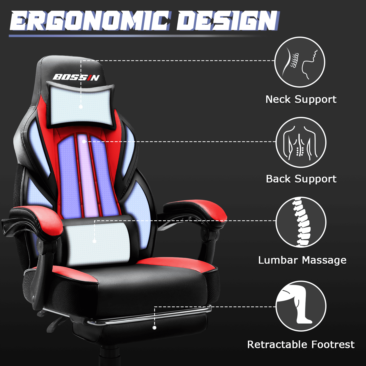 PUKAMI Gaming Chair with Massage, Ergonomic Heavy Duty Design with Footrest and Lumbar Support, Large Size Cushion High Back Office Chair, Big and Tall Gaming Computer Chair