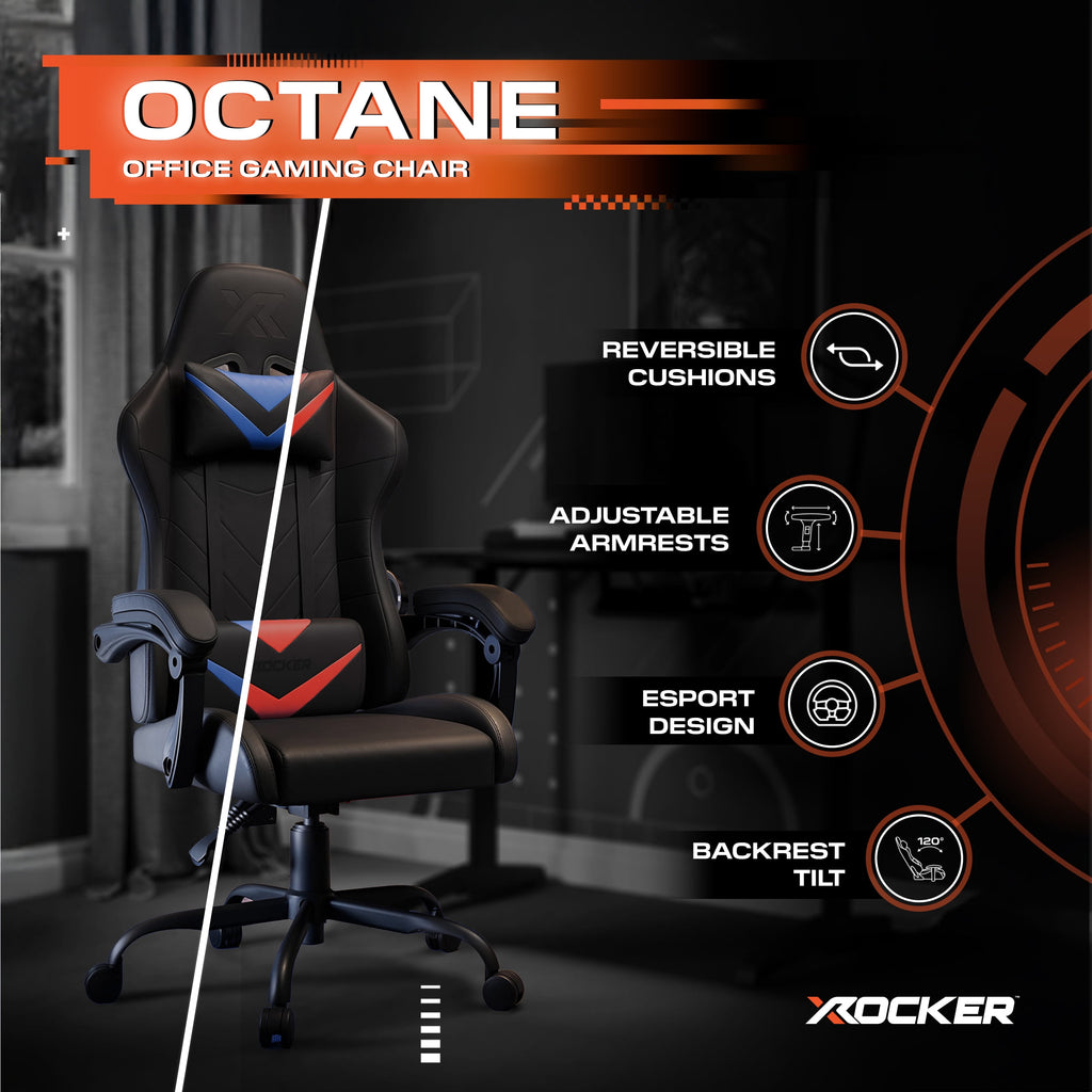 X Rocker Octane Racing Gaming Chair with Reversible Faux Leather Cushions, Black