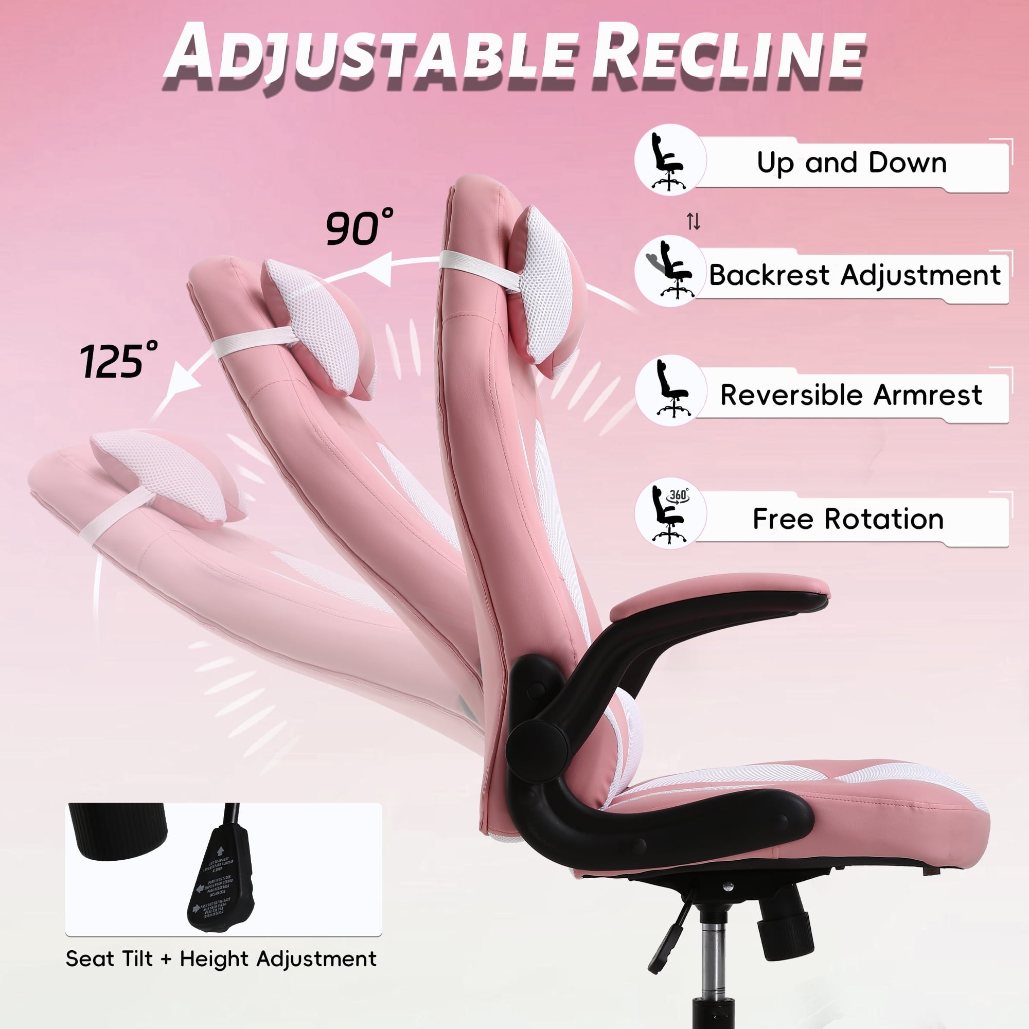 CL.HPAHKL Ergonomic PC Gaming Chair, PU Leather Gamer Chair with 360° Swivel Seat Comfortable Computer Chair with Lumbar Support Height Adjustable Video Game Chairs for Adults Teens, Pink