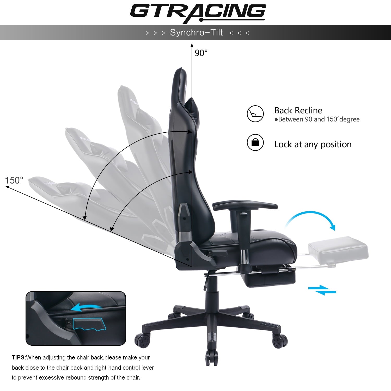 GTRACING Gaming Chair with Footrest Ergonomic Reclining Leather Chair, Black
