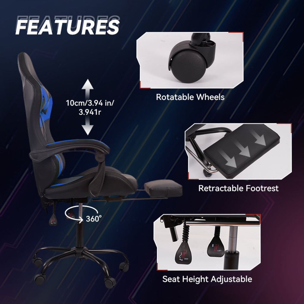 Gaming Chair Black-Blue - Ergonomic PU Seat w/Adjustable Armrests & Metal Legs