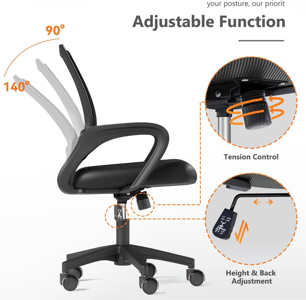 Lorelia Home Office Chair, Ergonomic Mid-Back Mesh Desk Chair with Lumbar Support, Adjustable Swivel Rolling Design, Comfy Armrest for Work, Study, Gaming, Vanity, Black