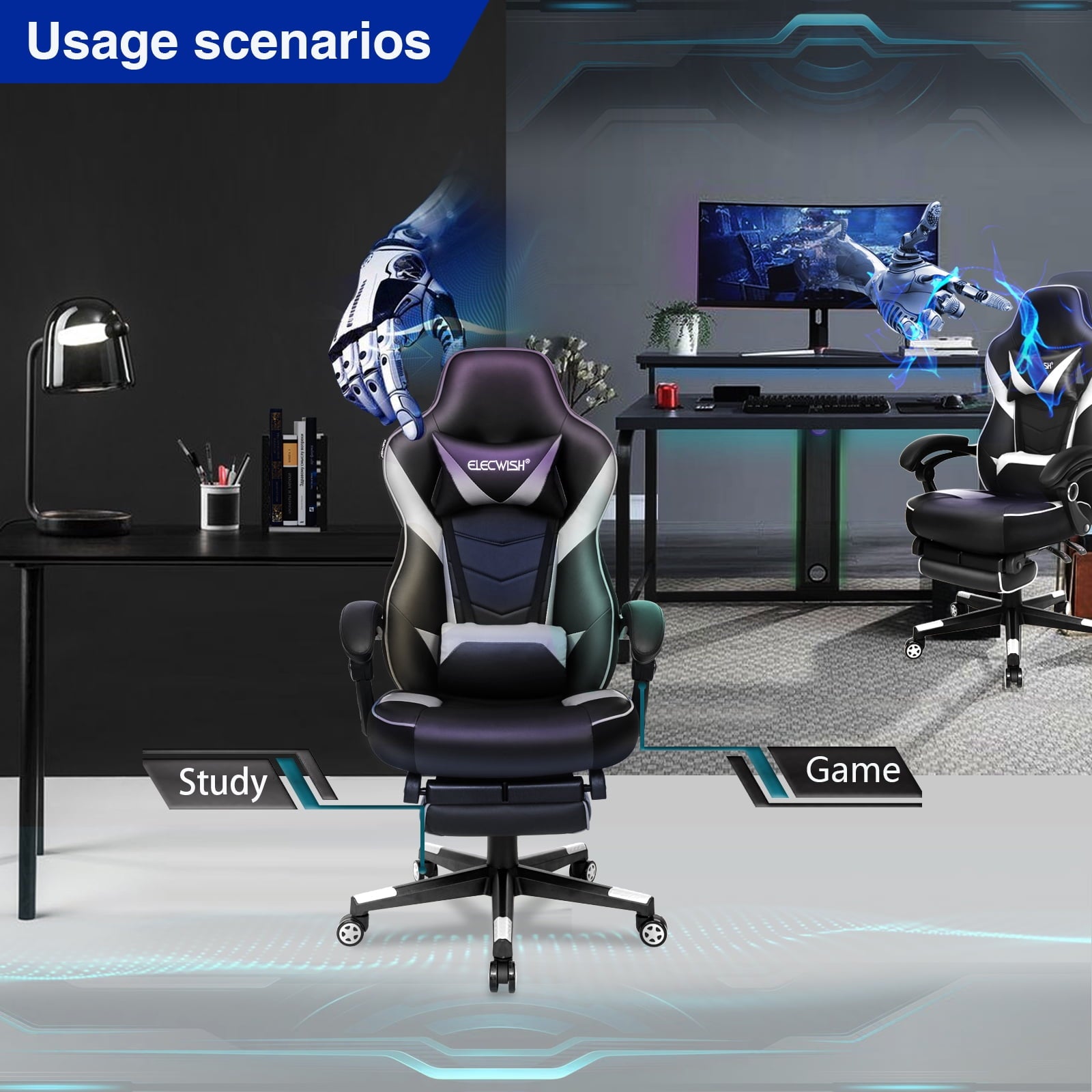 FULLWATT Racing Video Gaming Chair High Back Large Size Ergonomic Adjustable Swivel Reclining Executive Computer Chair with Headrest and Lumbar Support PU Leather Executive Office Chair White