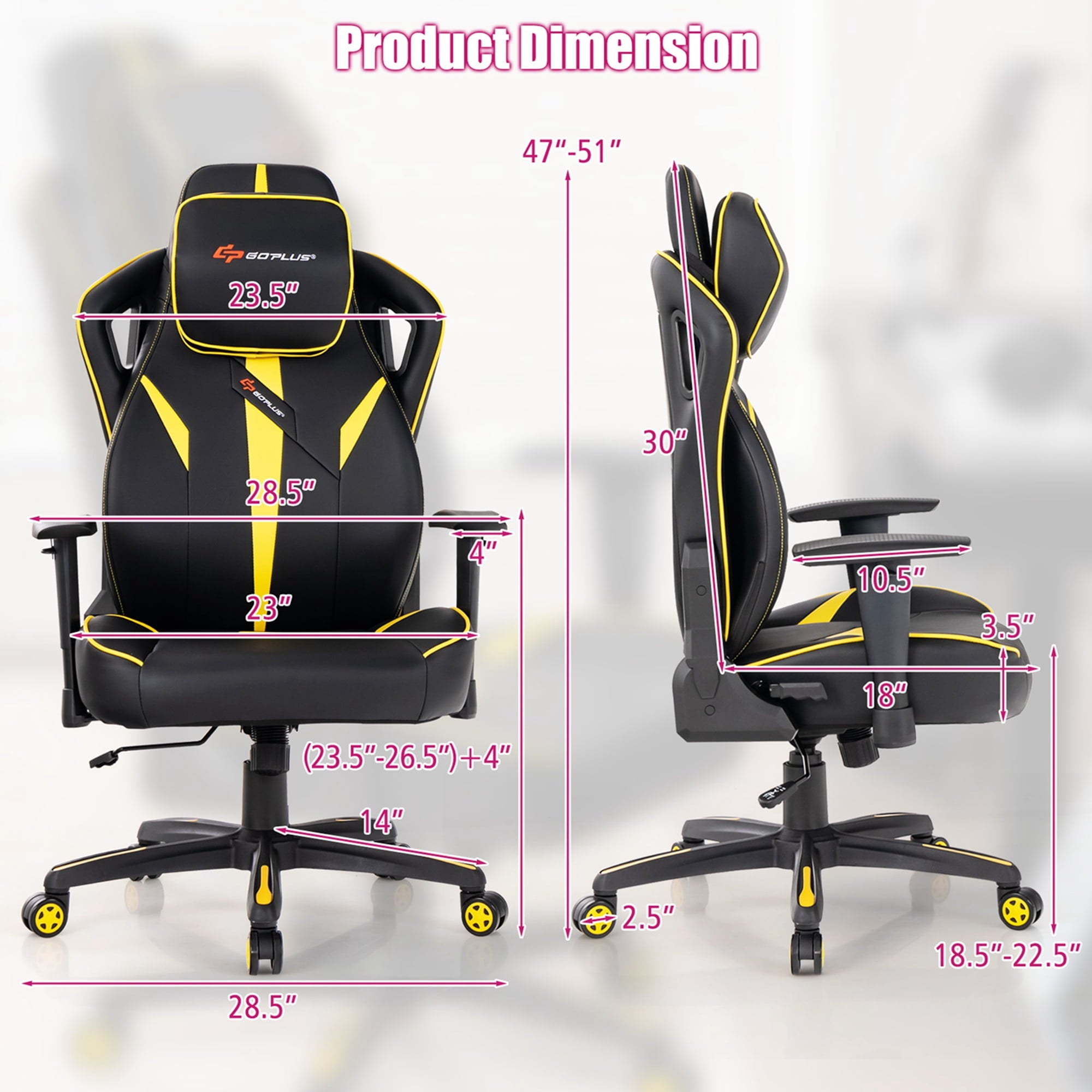 Goplus Gaming Chair 360° Swivel Computer Reclining Height Adjustable 2D Armrest Yellow