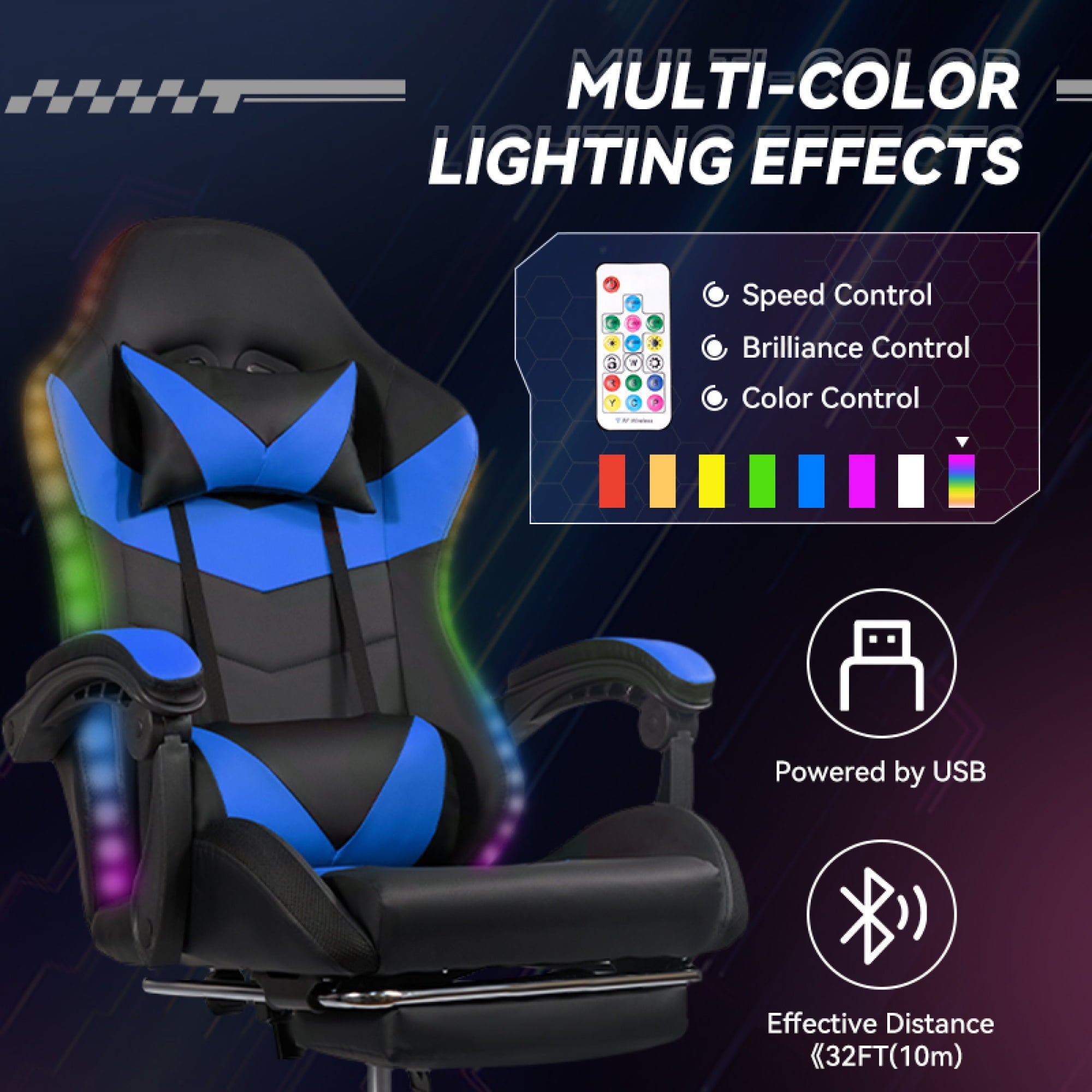 Gaming Chair Black-Blue - Ergonomic PU Seat w/Adjustable Armrests & Metal Legs