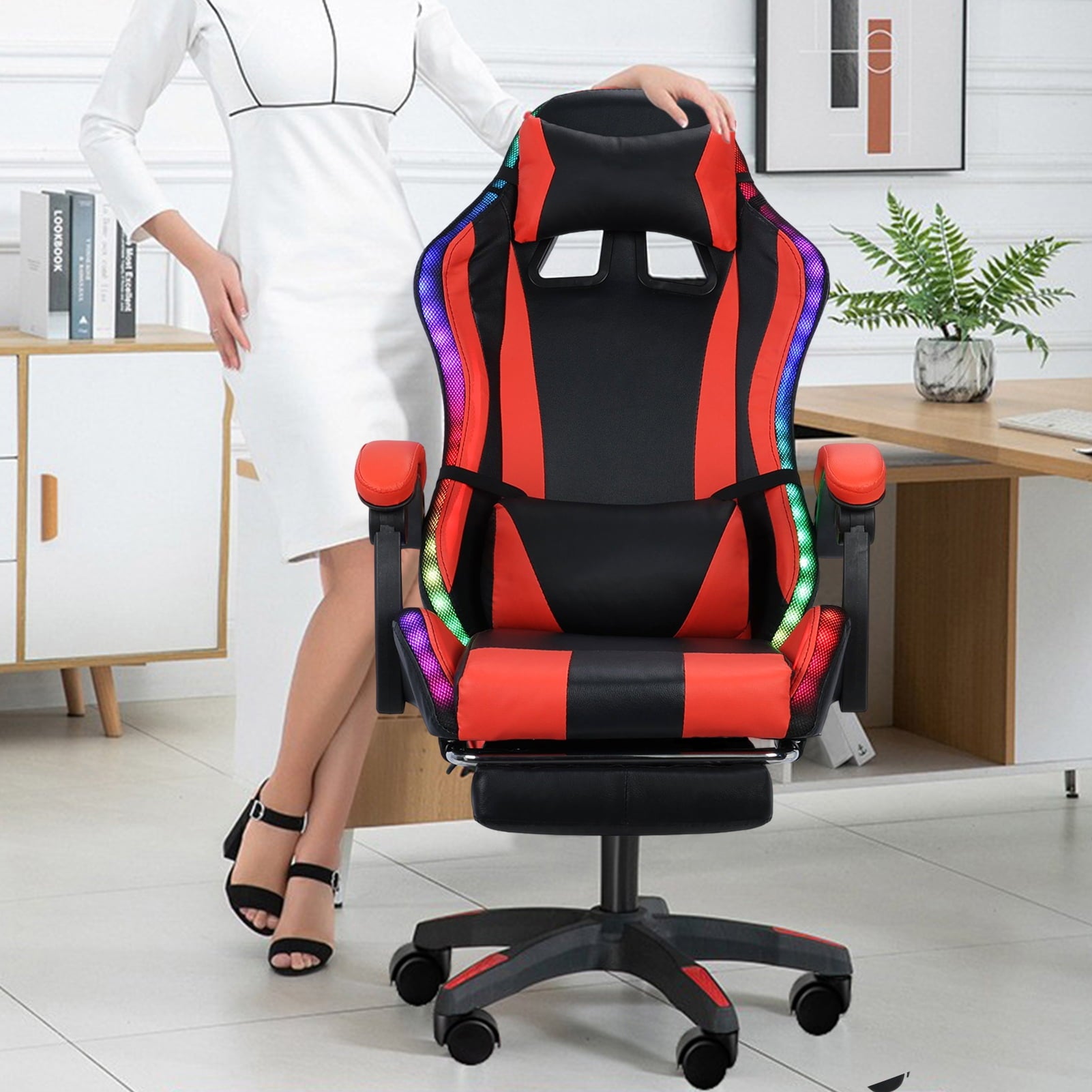 SUSUchens Gaming Chair Video Ergonomic Massage Computer Game Chair with Bluetooth-Compatible Speakers and LED Lights,Height Adjustable, High Back with Lumbar Support