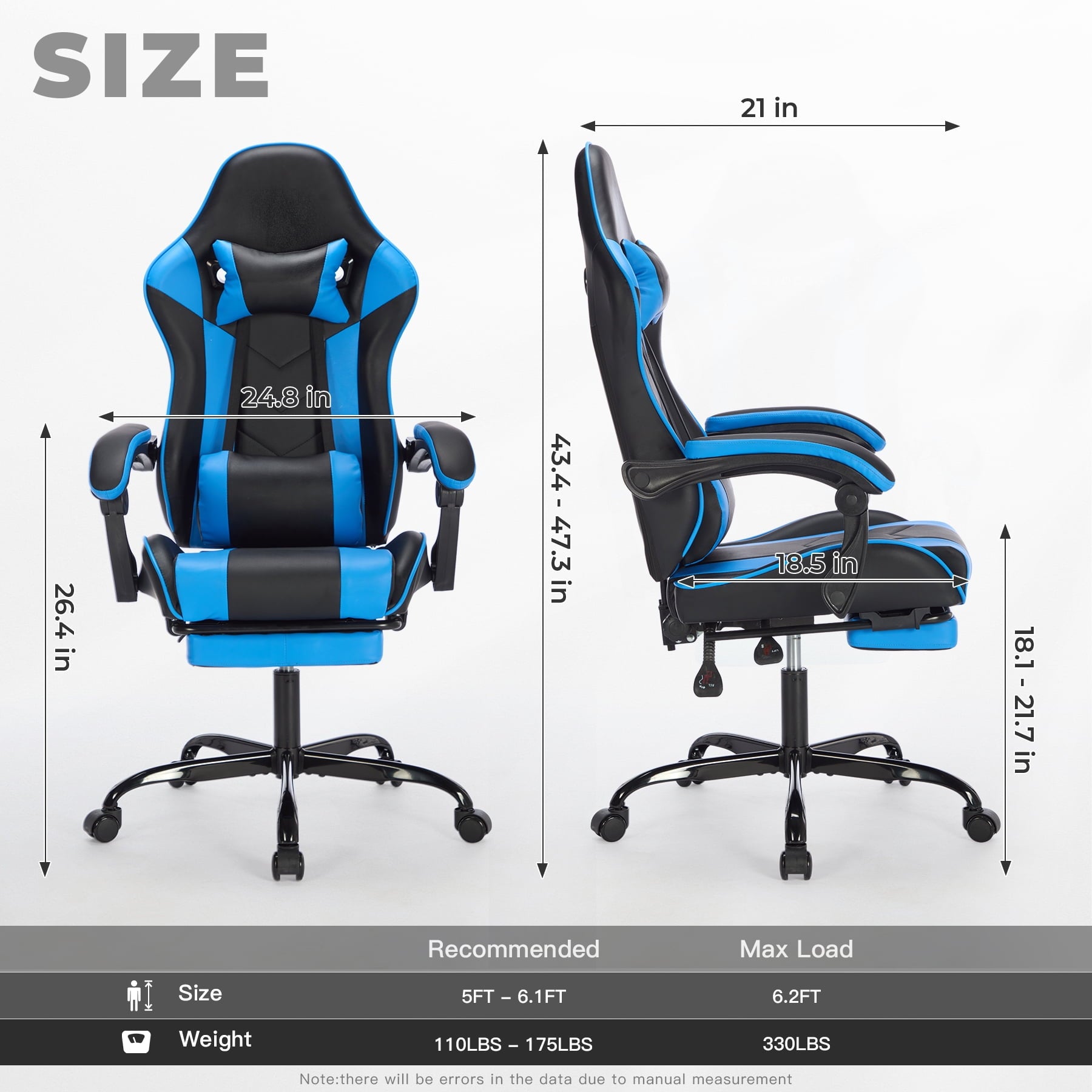 Reclining Game Chair Gaming Chair with Footrest, Ergonomic Computer Chair with Headrest and Lumbar Support, Breathable Material Height Adjustable Video Game Chairs for Adults, Blackblue,Gaming Reclin