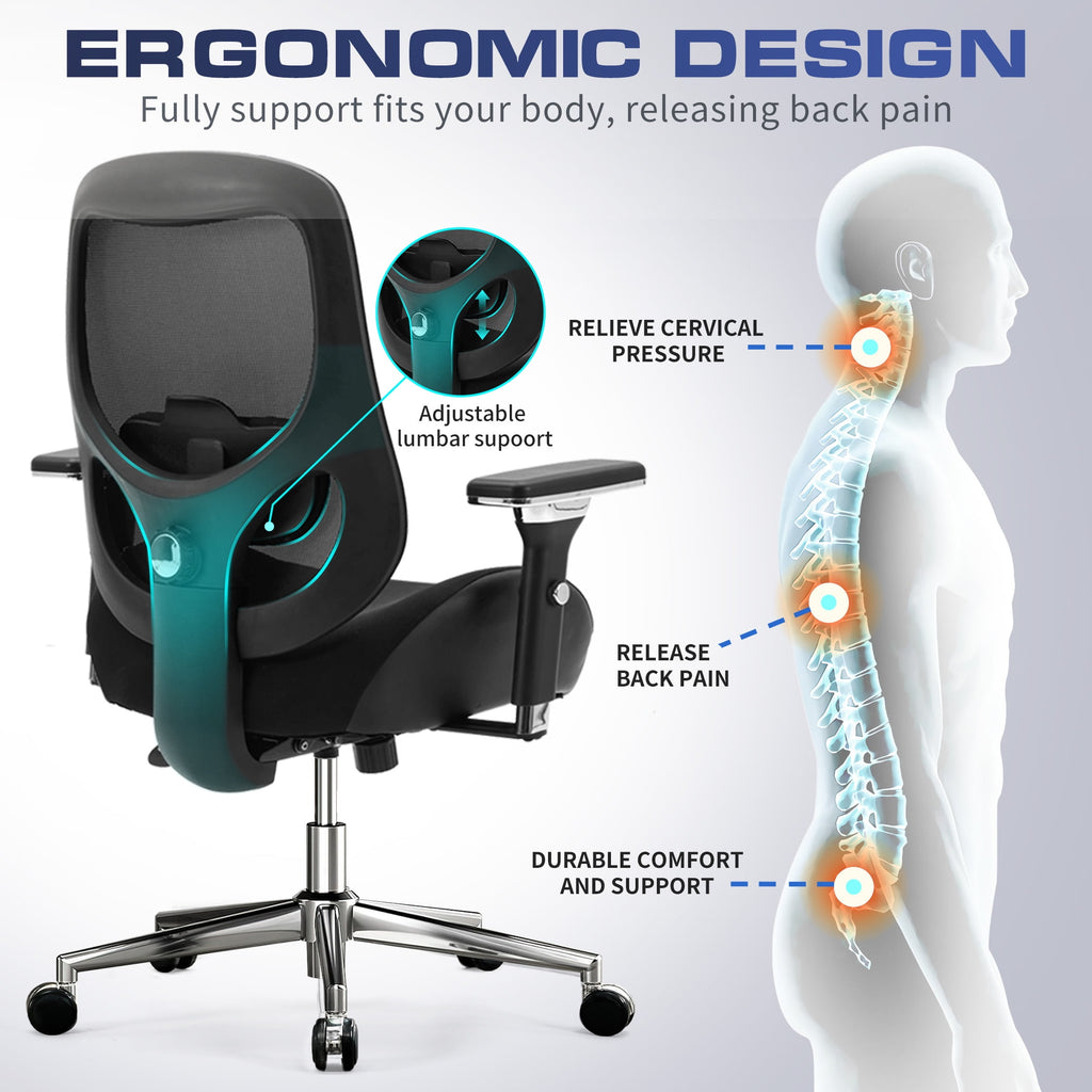 JONPONY 700lbs Big and Tall Office Chair with Wide Thick Seat Cushion,Ergonomic Computer Mesh Desk Chairs with 4D Armrests, Adjustable Lumbar Support for Adults 8 Hours daliy Work,Black