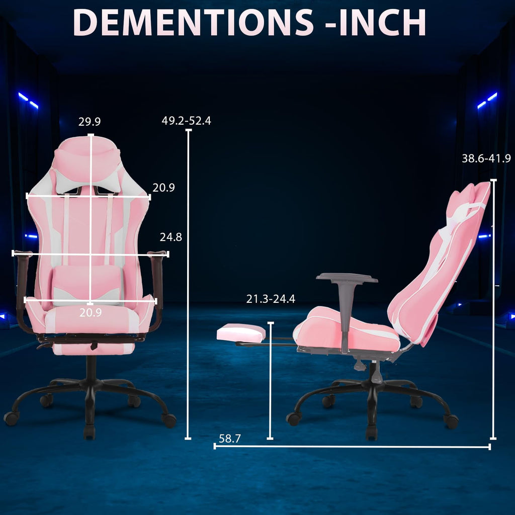 YRLLENSDAN Gaming Chair with Footrest & Adjustable Headrest for Adults and Kids, Big and Tall Gamer Chair with Lumbar Massage, Computer Chair Height Adjustable PU Leather Office Chair,Pink