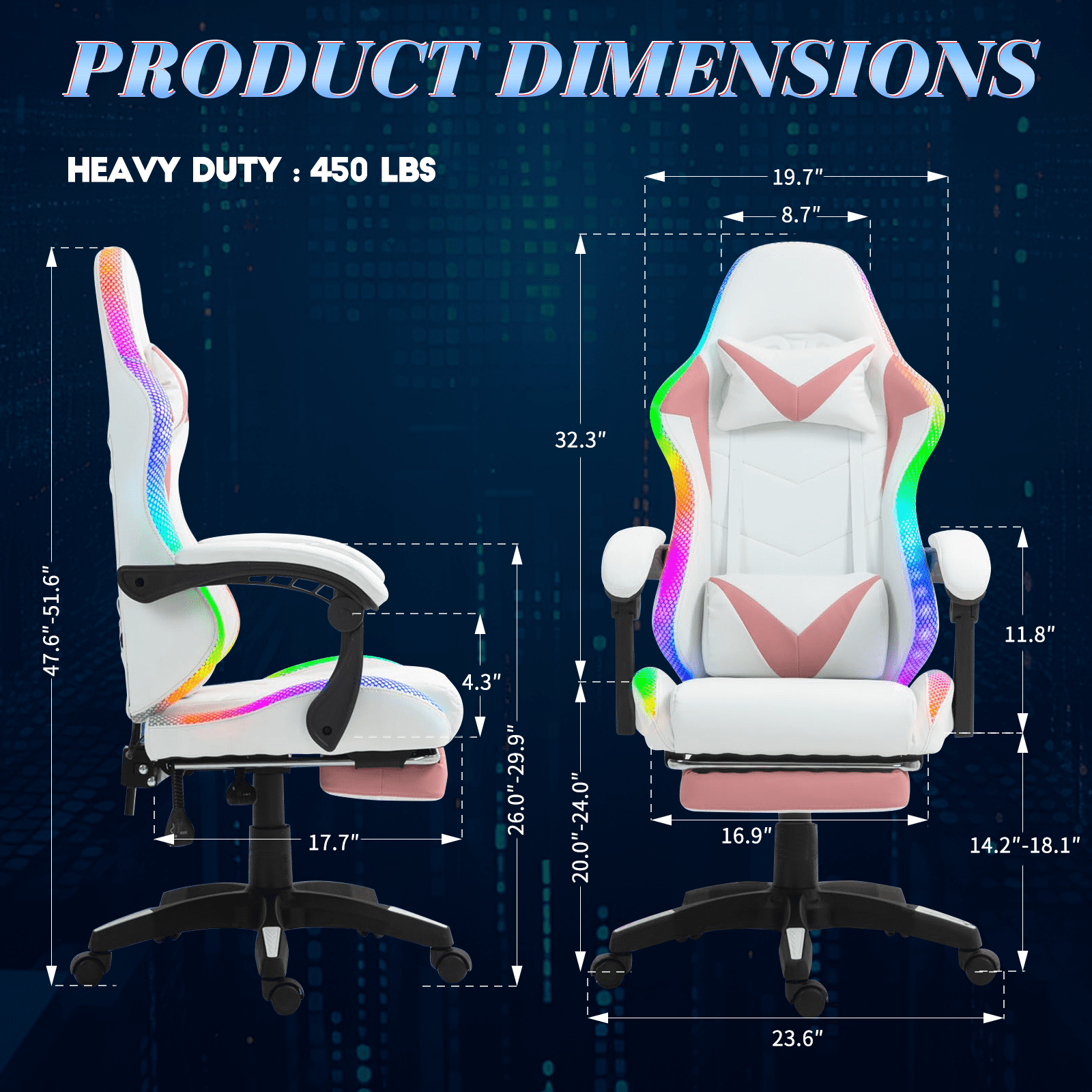 Gaming Chair with RGB LED Lights, Video Game Chair with Footrest and Massage Lumbar Support, High Back Reclining Computer Chair with Headrest, Swivel Gamer Chair with Armrest (Pink+White)