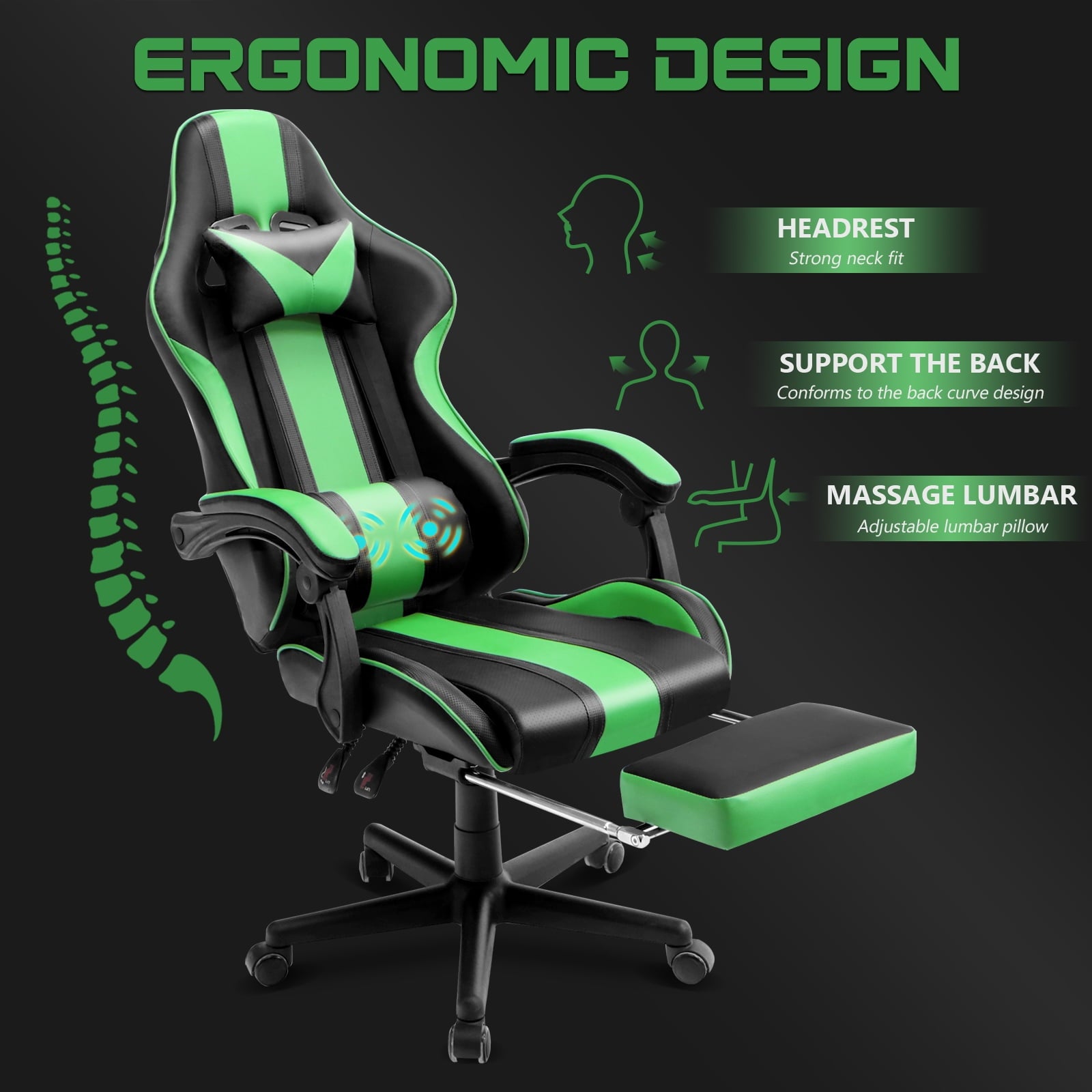 SOONTRANS Green Gaming Chair for Adult, High Back Gamer Game Chair with Footrest & Massage Lumbar Pillow, Ergonomic Swivel Office Computer Chairs s Girls, Green