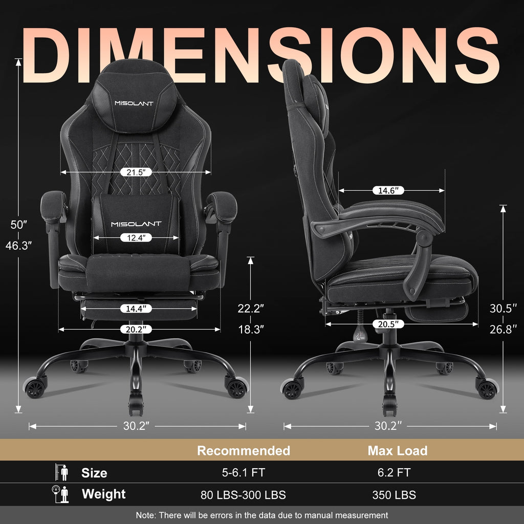 Misolant Gaming Chair, Fabric Gamer Chair with footrest for Adults, High Back Ergonomic Computer Game Chair with Adjustable Headrest and Massage Lumbar Support, 90-155° Recline Free，Black