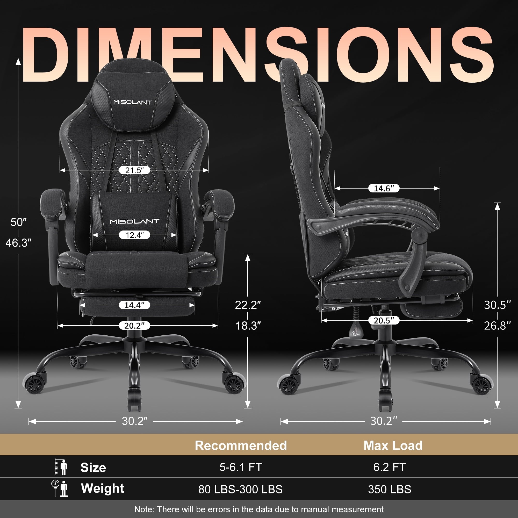 Misolant Gaming Chair, Fabric Gamer Chair with footrest for Adults, High Back Ergonomic Computer Game Chair with Adjustable Headrest and Massage Lumbar Support, 90-155° Recline Free，Black