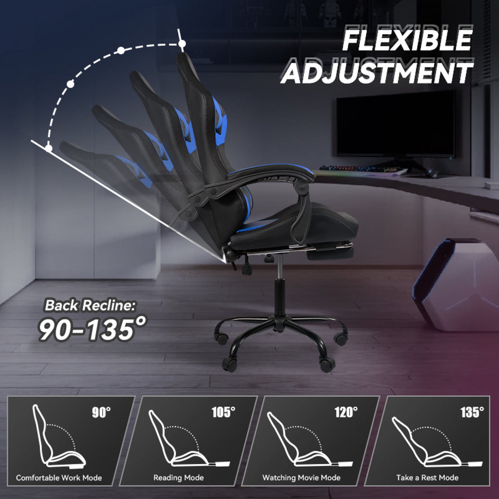 Gaming Chair Black-Blue - Ergonomic PU Seat w/Adjustable Armrests & Metal Legs