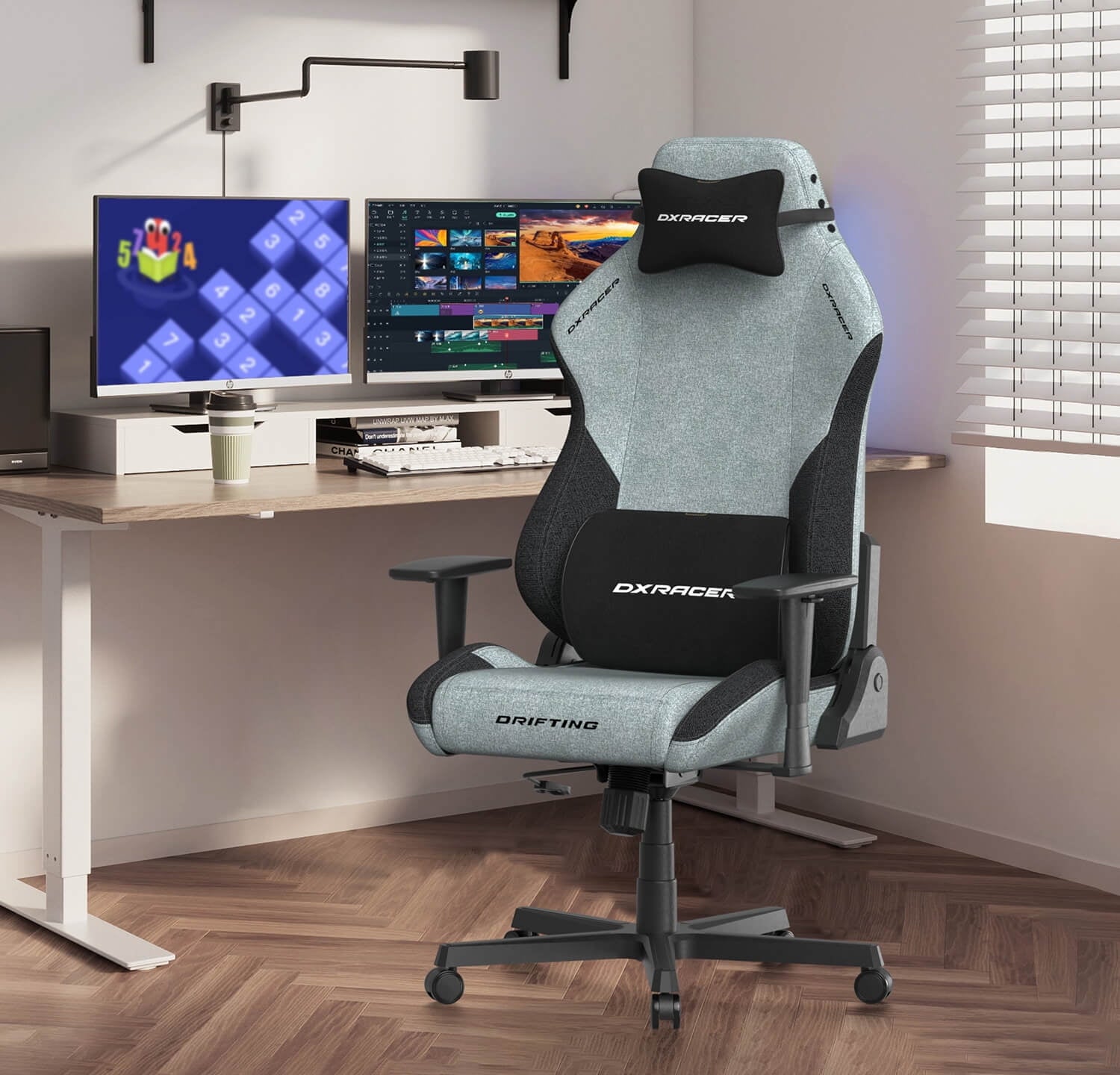 DXRacer Drifting Gaming Chair - Fabric Ergonomic Office Chair with Lumbar Pillow & Adjustable Headrest - PC Computer Racing Gamer Gaming Chair Recliner For Adults Teens, Cyan Black, Regular L