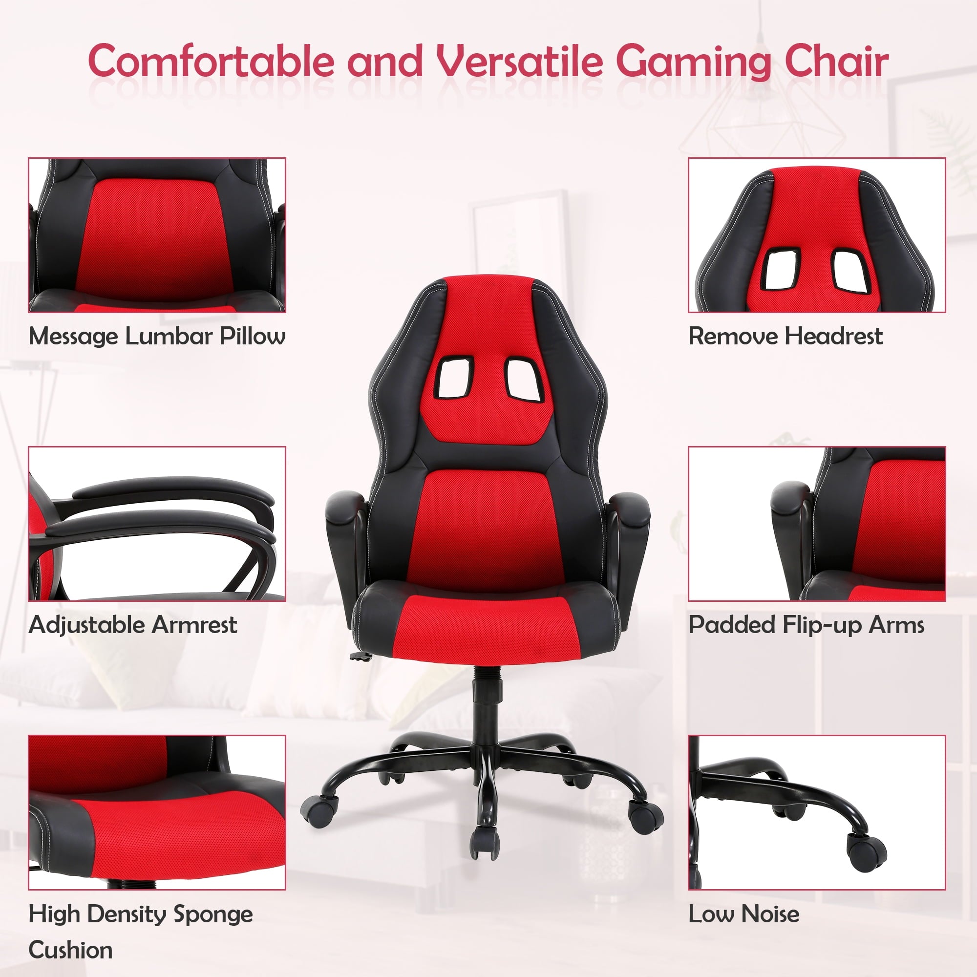 CL.HPAHKL Racing Gaming Chair, Racing Gaming Desk Chair Height Adjustable Gamer Chair with Lumbar Support Headrest Armrest PU Leather Ergonomic Gaming Chair with Massager, Swivel Wheels, Red