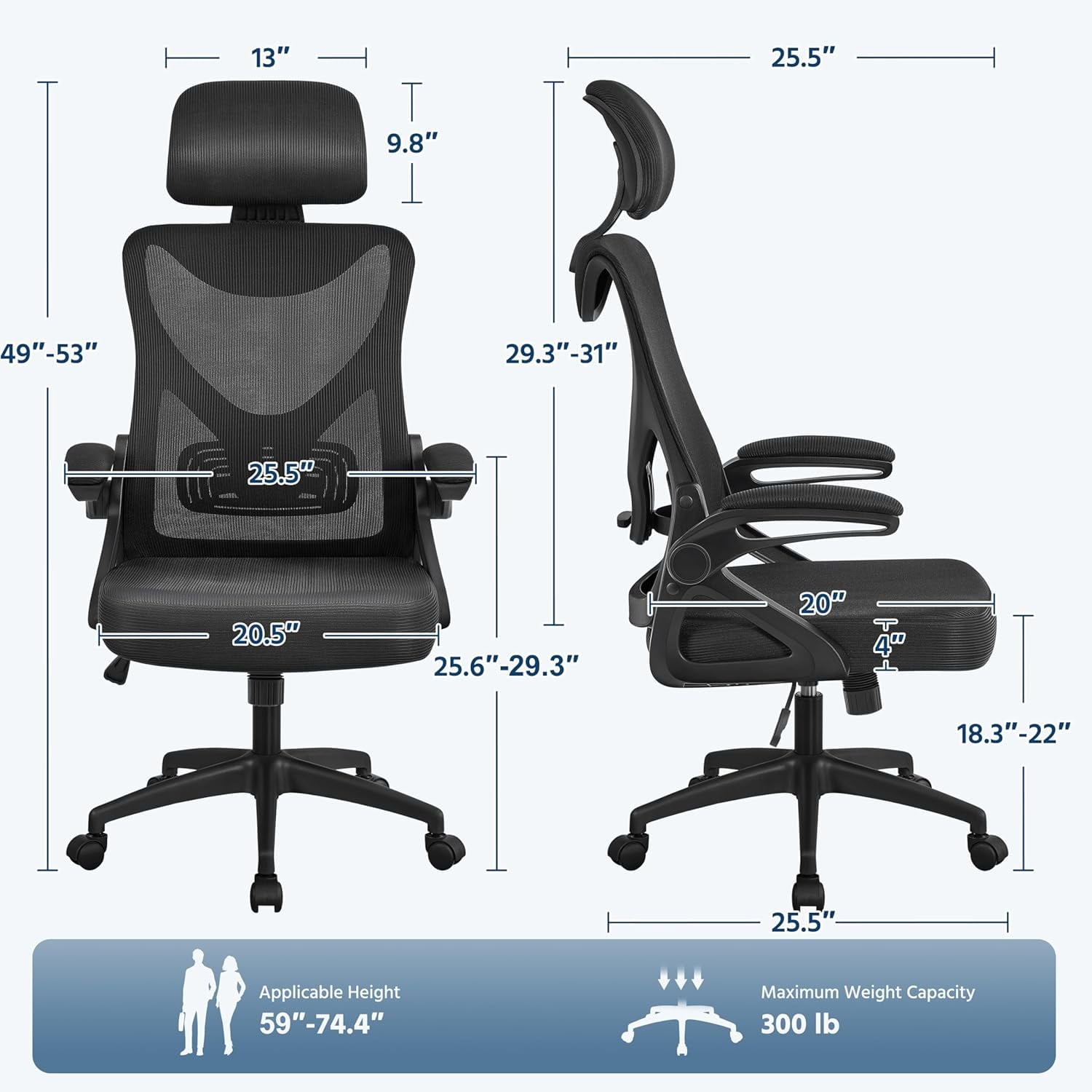 TDUKDB Ergonomic Mesh Office Chair, High Back Desk Chair with with flip-up Armrests, Adjustable Padded Headrest Computer Chair with Lumbar Support for Home Oiffce Game Room, Full Gray