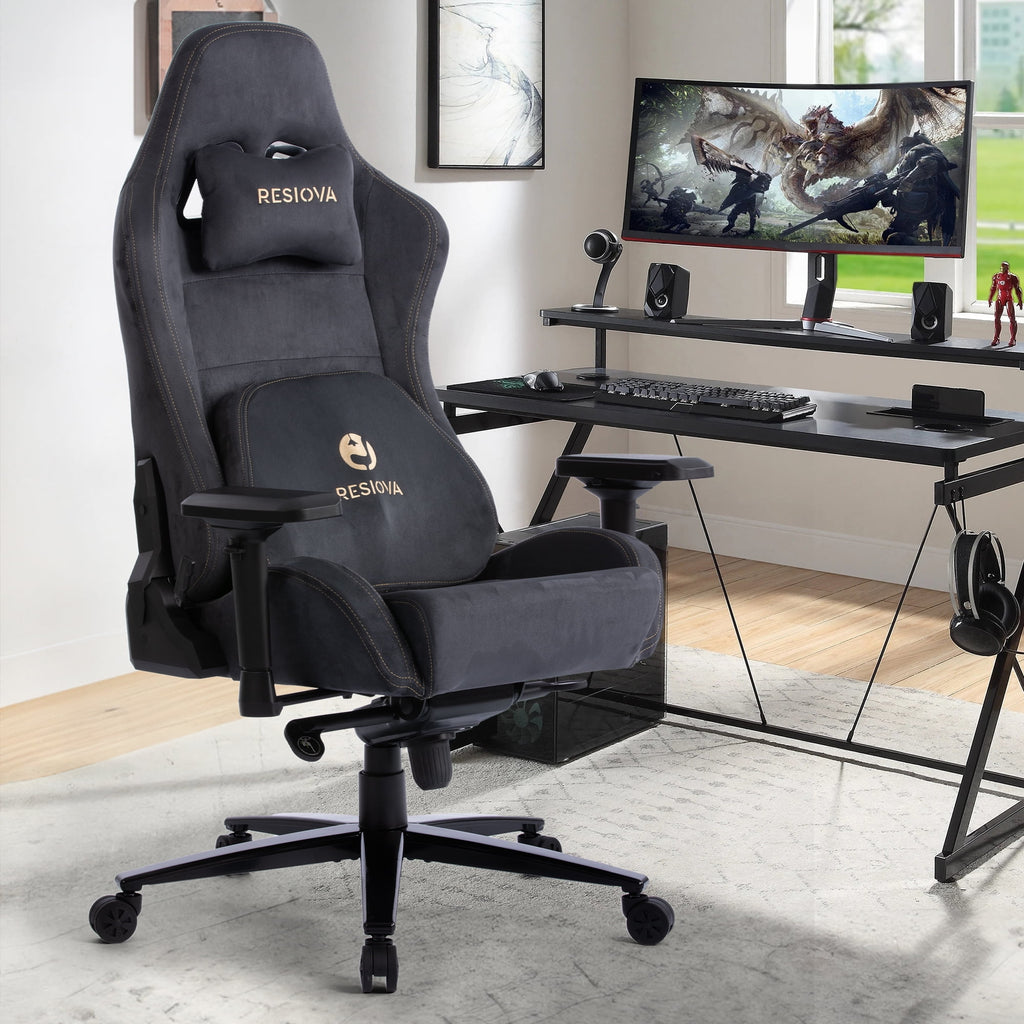 RESIOVA Gaming Chair with Suede Fabric,Big and Tall Ergonomic Office Computer Chair with 3D-Lumbar Support and 4D-Armrests,Gray