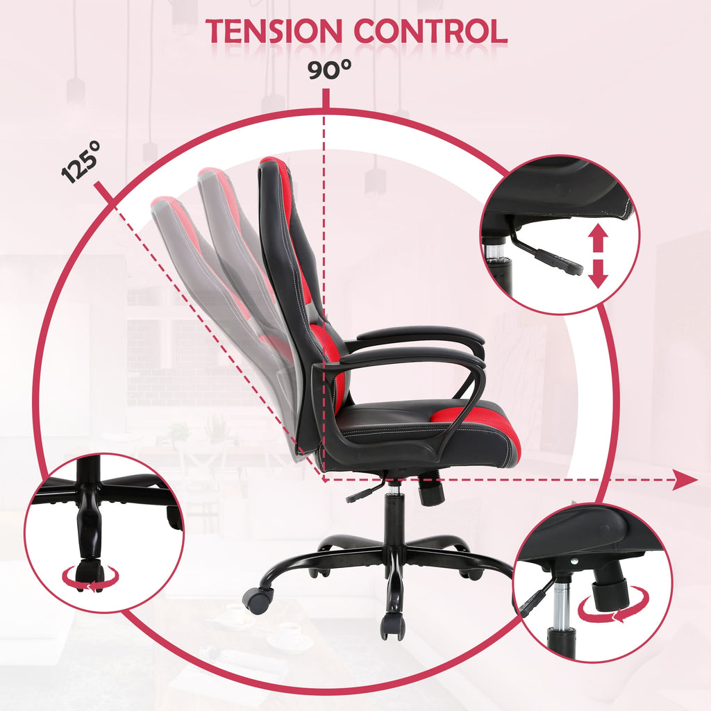 CL.HPAHKL Racing Gaming Chair, Racing Gaming Desk Chair Height Adjustable Gamer Chair with Lumbar Support Headrest Armrest PU Leather Ergonomic Gaming Chair with Massager, Swivel Wheels, Red