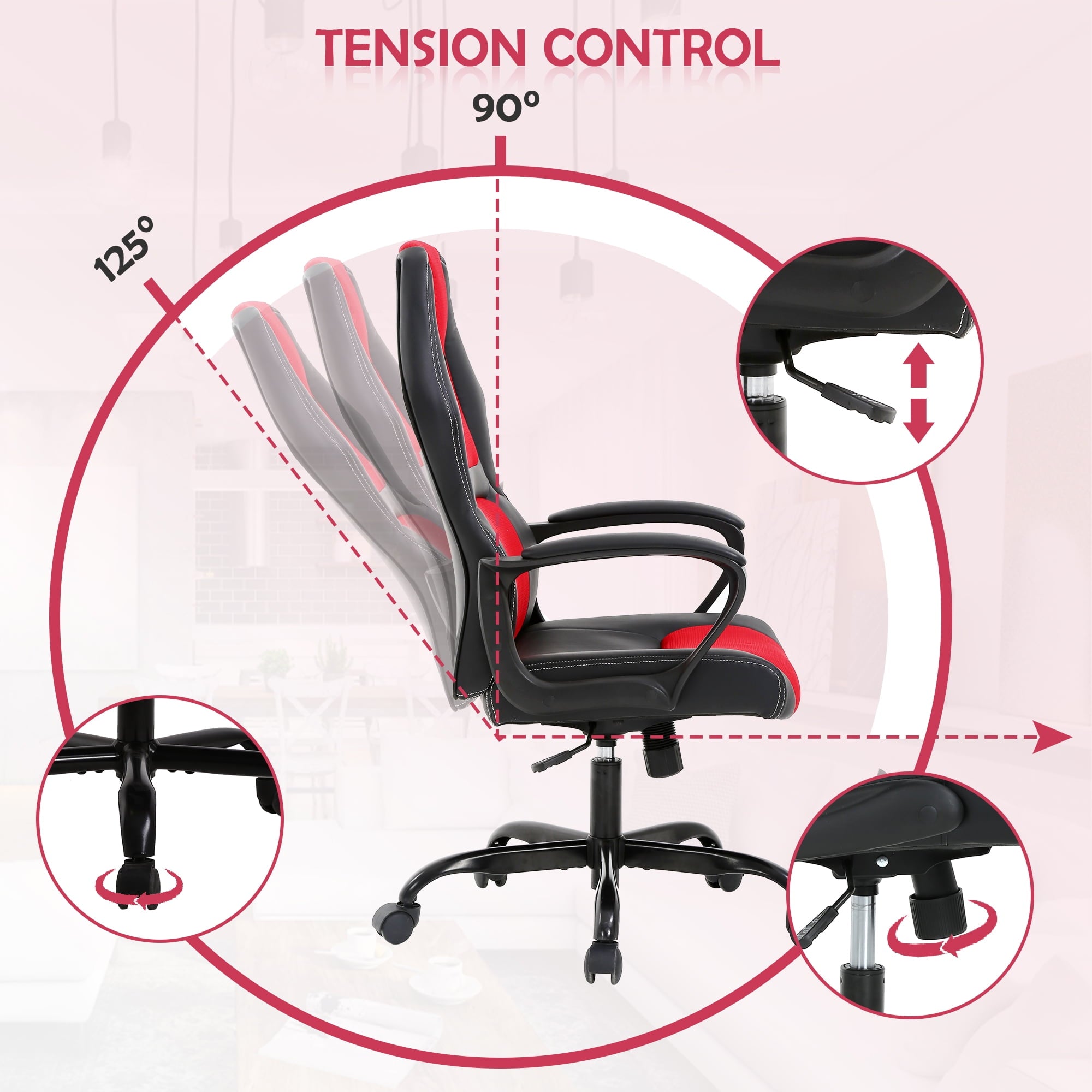CL.HPAHKL Racing Gaming Chair, Racing Gaming Desk Chair Height Adjustable Gamer Chair with Lumbar Support Headrest Armrest PU Leather Ergonomic Gaming Chair with Massager, Swivel Wheels, Red