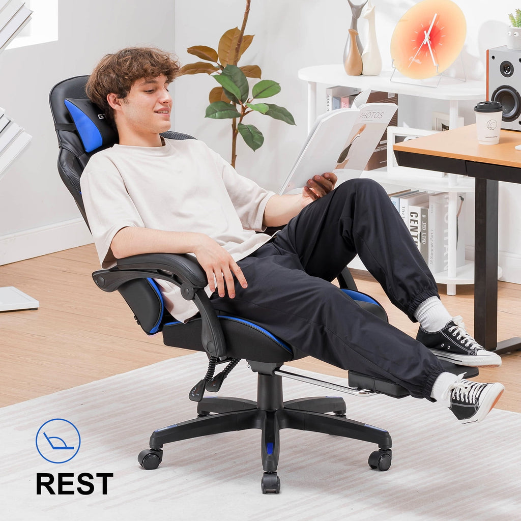 GTPLAYER High Back Faux Leather Adjustable Height Gaming Computer, Blue