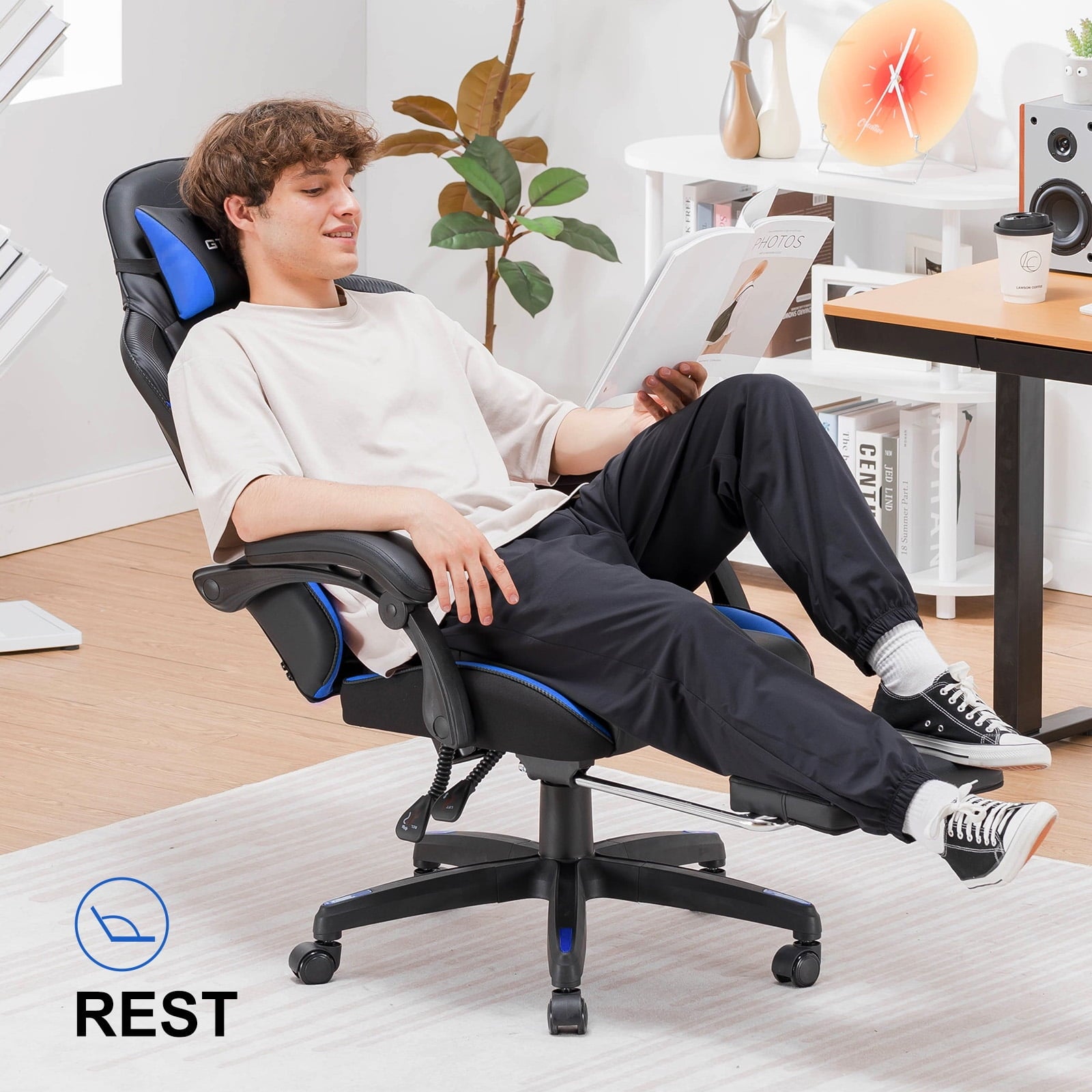 GTPLAYER High Back Faux Leather Adjustable Height Gaming Computer, Blue