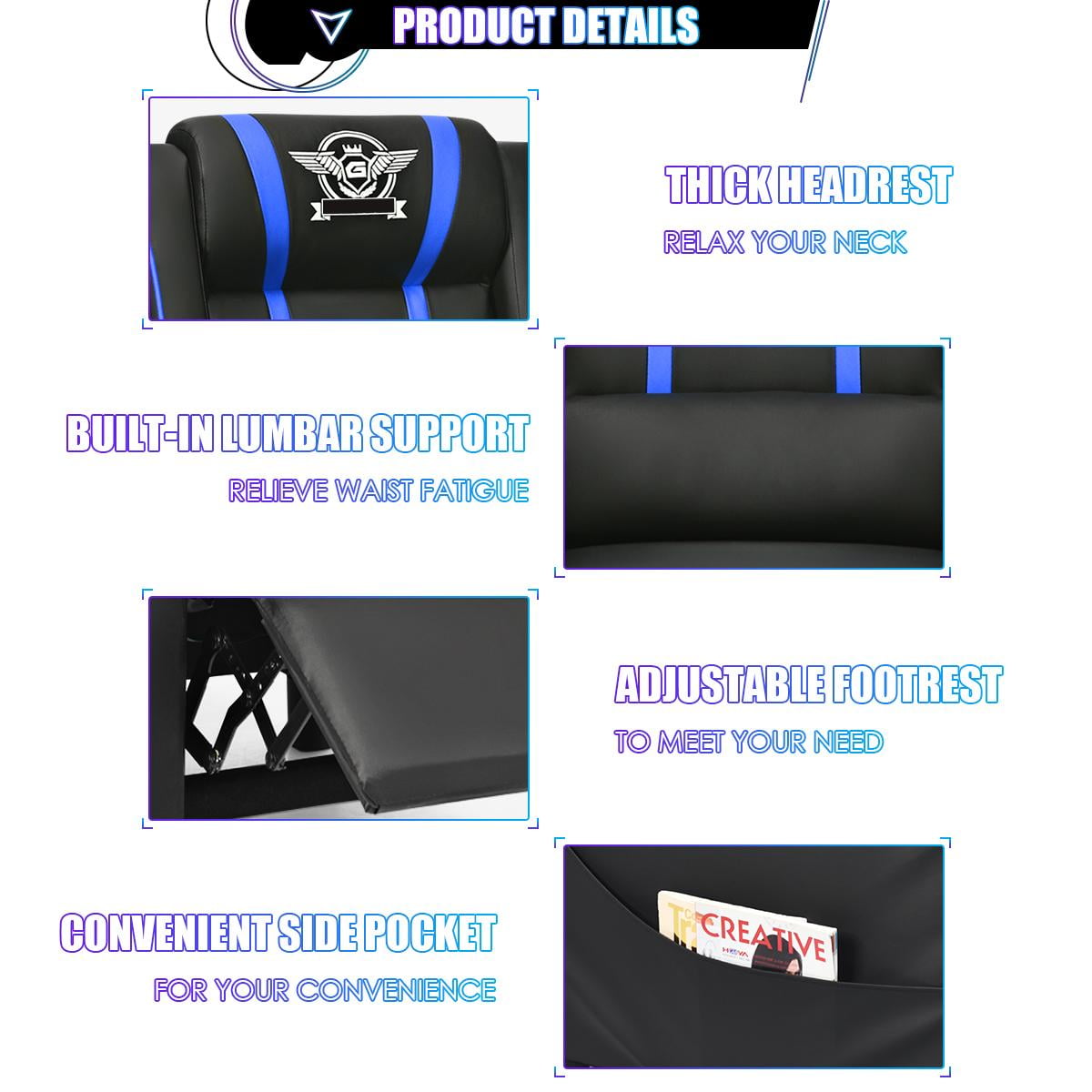 Giantex Gaming Recliner Chair, Reclining Gaming Chair Ergonomic Leather Sofa with Footrest Lumbar Support Headrest and Side Pouch for Living Room Home Theater, Blue