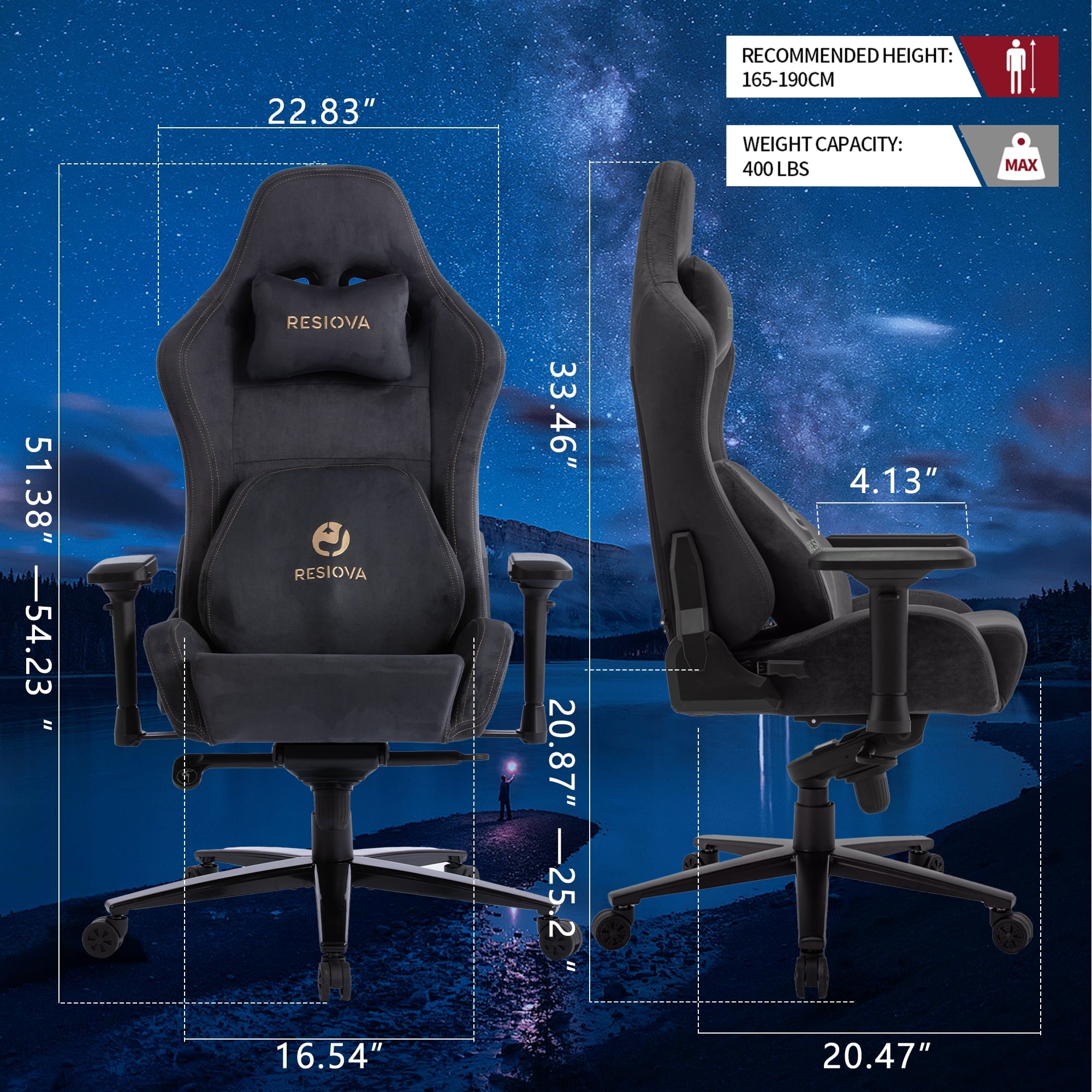 RESIOVA Gaming Chair with Suede Fabric,Big and Tall Ergonomic Office Computer Chair with 3D-Lumbar Support and 4D-Armrests,Gray