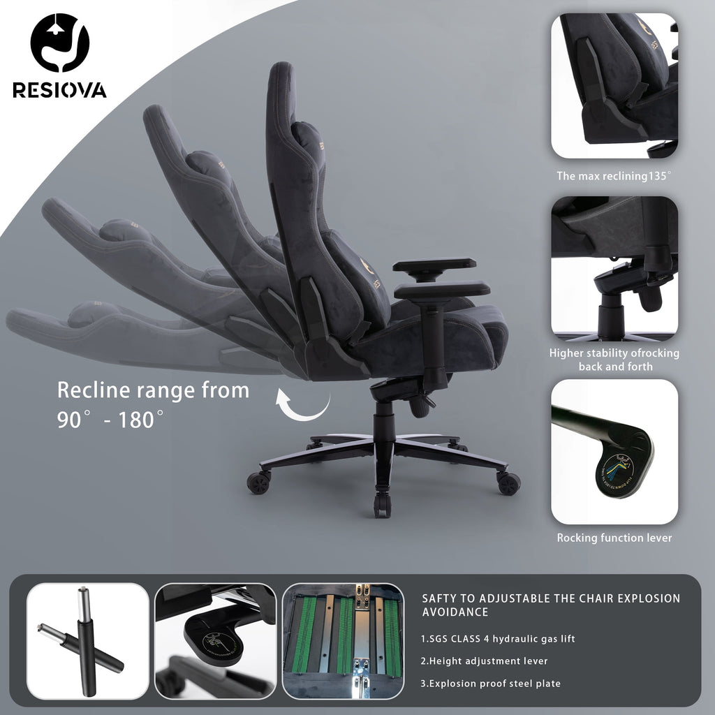RESIOVA Gaming Chair with Suede Fabric,Big and Tall Ergonomic Office Computer Chair with 3D-Lumbar Support and 4D-Armrests,Gray