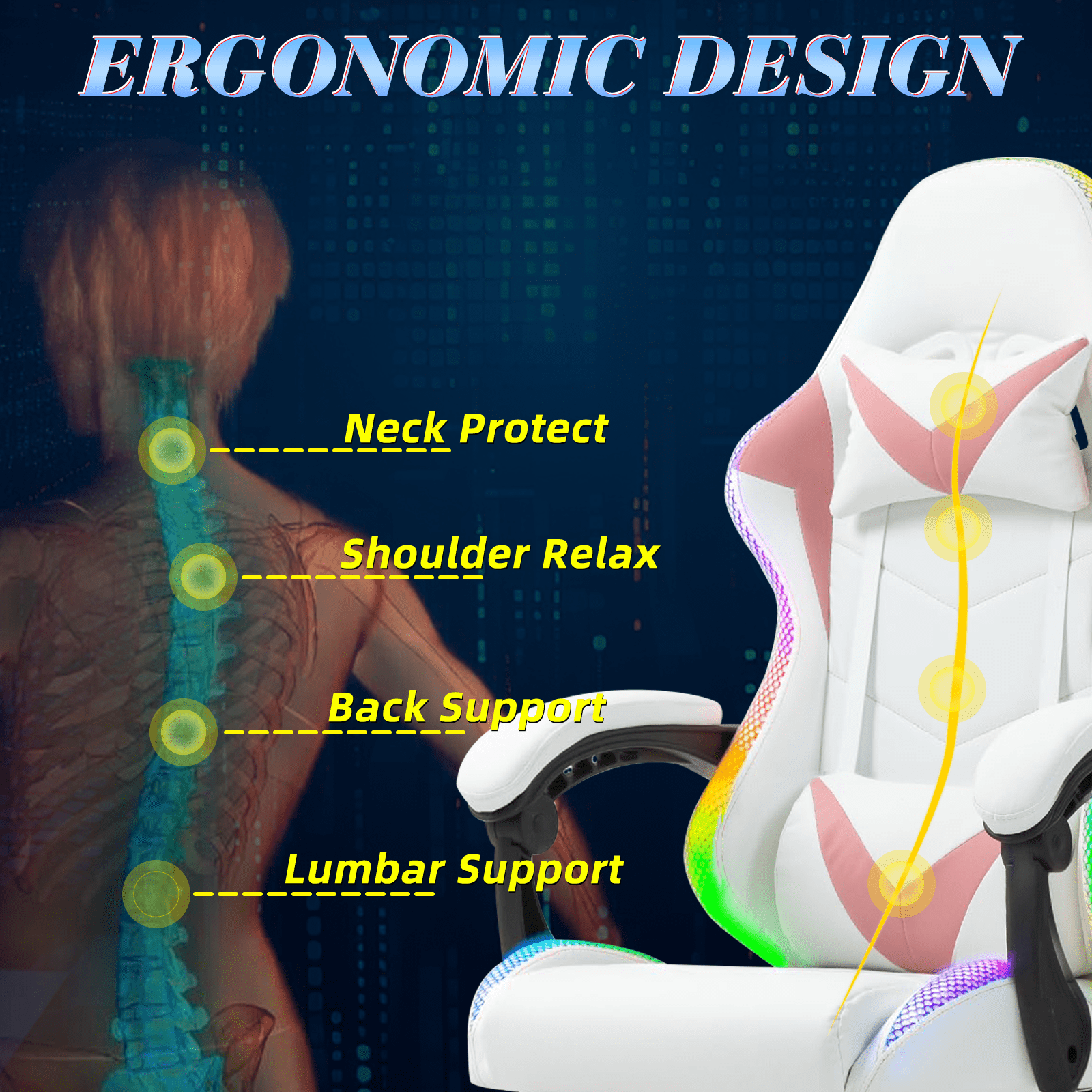 Gaming Chair with RGB LED Lights, Video Game Chair with Footrest and Massage Lumbar Support, High Back Reclining Computer Chair with Headrest, Swivel Gamer Chair with Armrest (Pink+White)