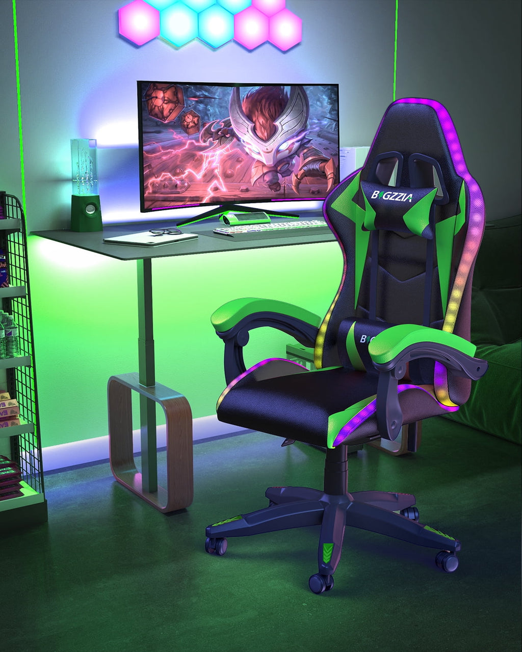 Bigzzia Gaming Chair with LED Lights, Adjustable Headrest & Lumbar Support, Height Adjustable, Green