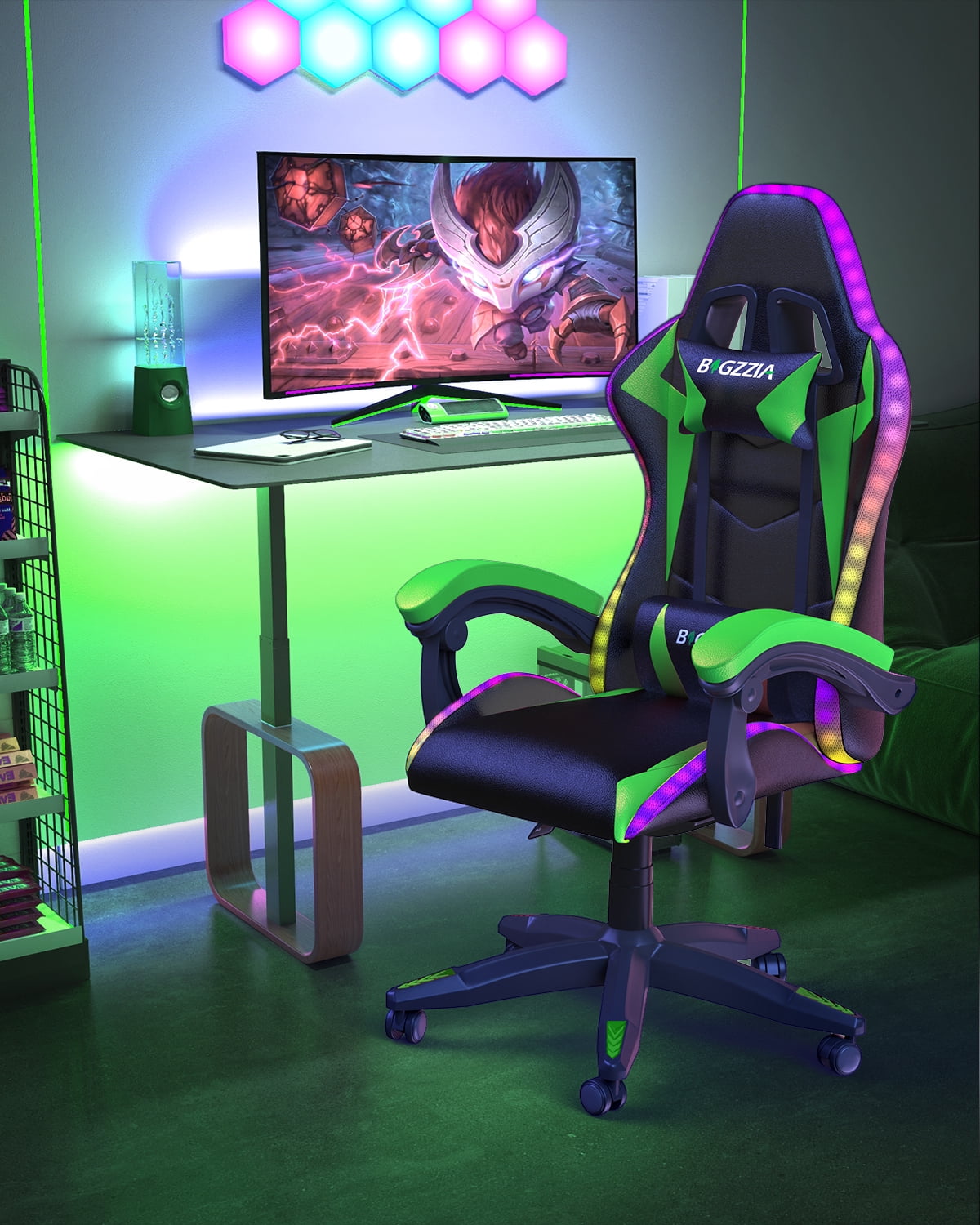 Bigzzia Gaming Chair with LED Lights, Adjustable Headrest & Lumbar Support, Height Adjustable, Green