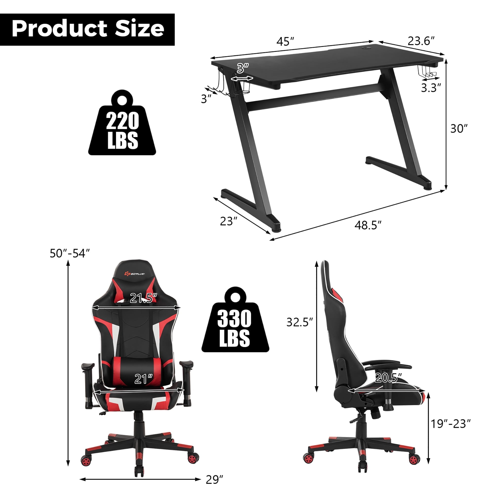 Goplus Z-Shaped Racing Style Desk &  Massage Gaming Chair Set for Home Office Red