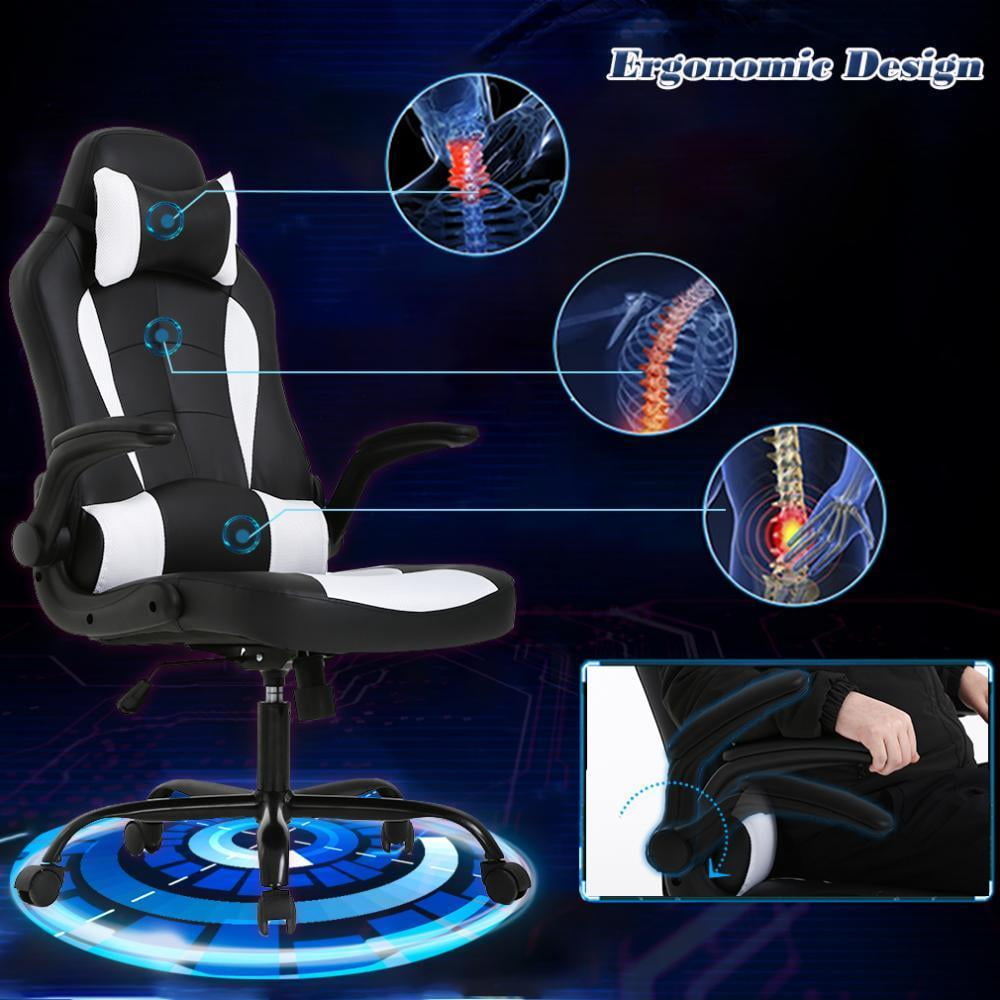 Dkelincs PC Gaming Chair Ergonomic Office Chair with Lumbar Support Flip Up Arms Headrest Adjustable Computer Desk Chair for Adults, White