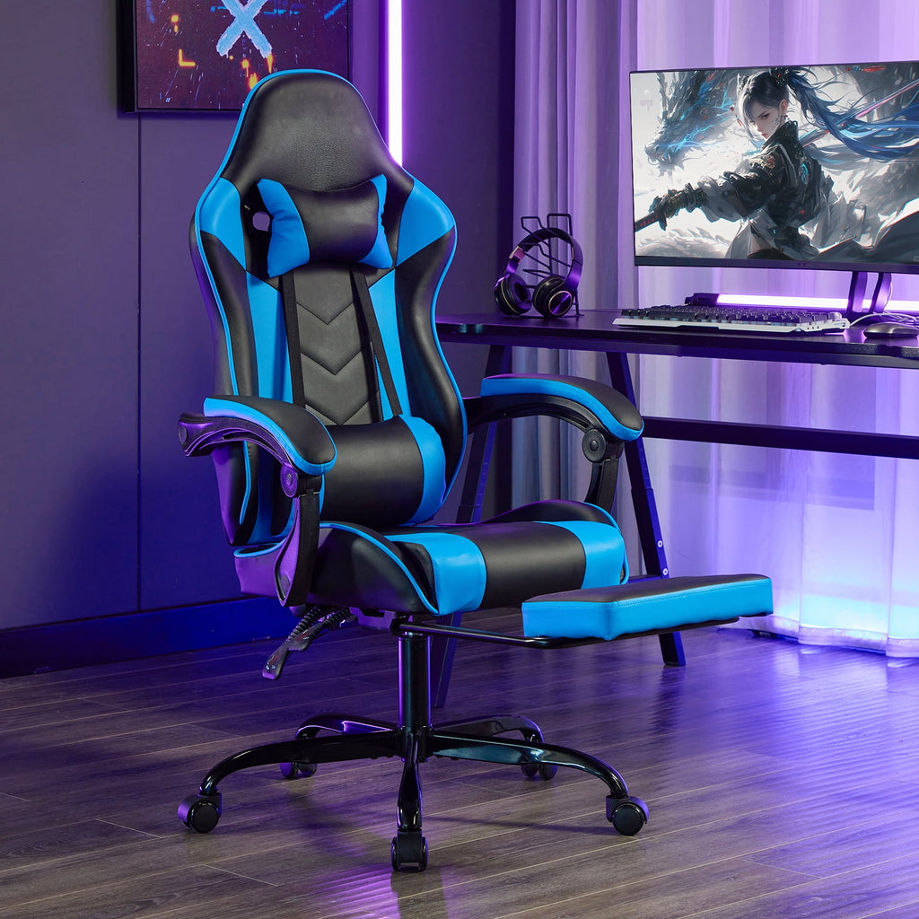 Reclining Game Chair Gaming Chair with Footrest, Ergonomic Computer Chair with Headrest and Lumbar Support, Breathable Material Height Adjustable Video Game Chairs for Adults, Blackblue,Gaming Reclin