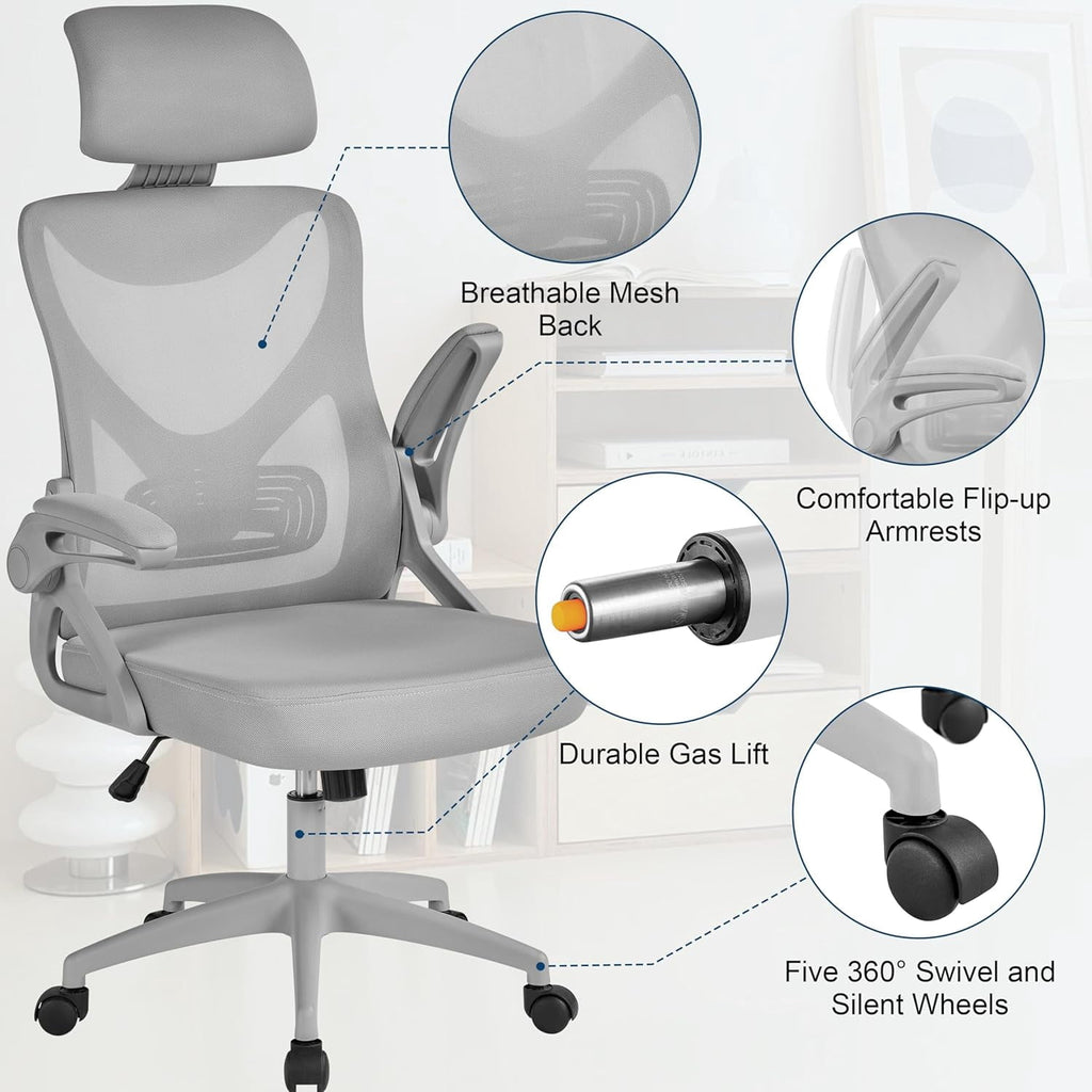 TDUKDB Ergonomic Mesh Office Chair, High Back Desk Chair with with flip-up Armrests, Adjustable Padded Headrest Computer Chair with Lumbar Support for Home Oiffce Game Room, Full Gray