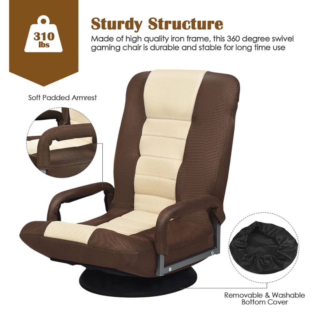 Canddidliike 360-Degree Swivel Gaming Floor Chair with Foldable Adjustable Backrest-Brown, Swivel Gaming Floor Chair for TV, Reading, Playing Video Games