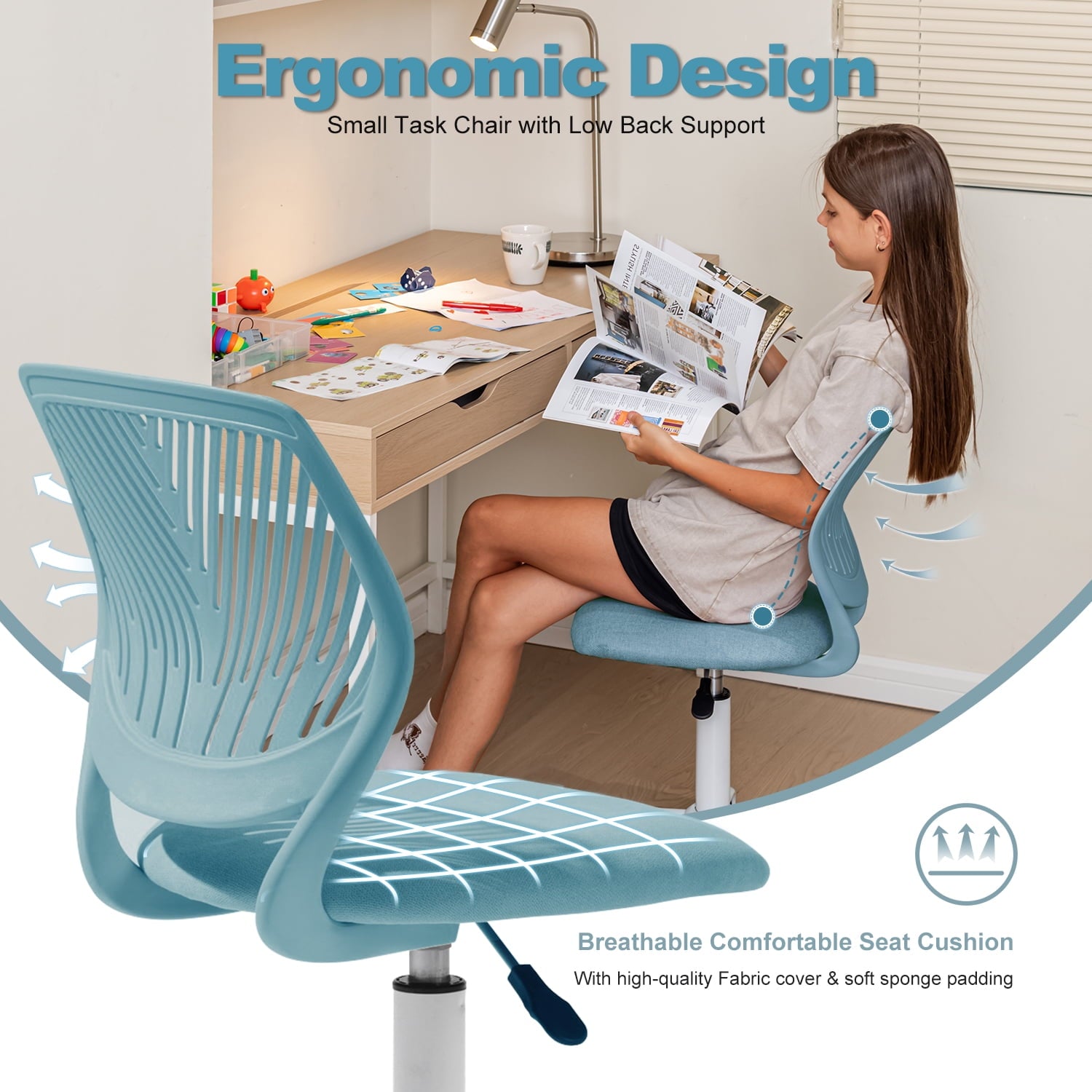 Homy Casa Conference Streaming Footrest Stool Ergonomic Adjustable Swivel Chair with Rolling Casters and Cushioned Seat for Live Broadcasts Offices and Meeting Rooms