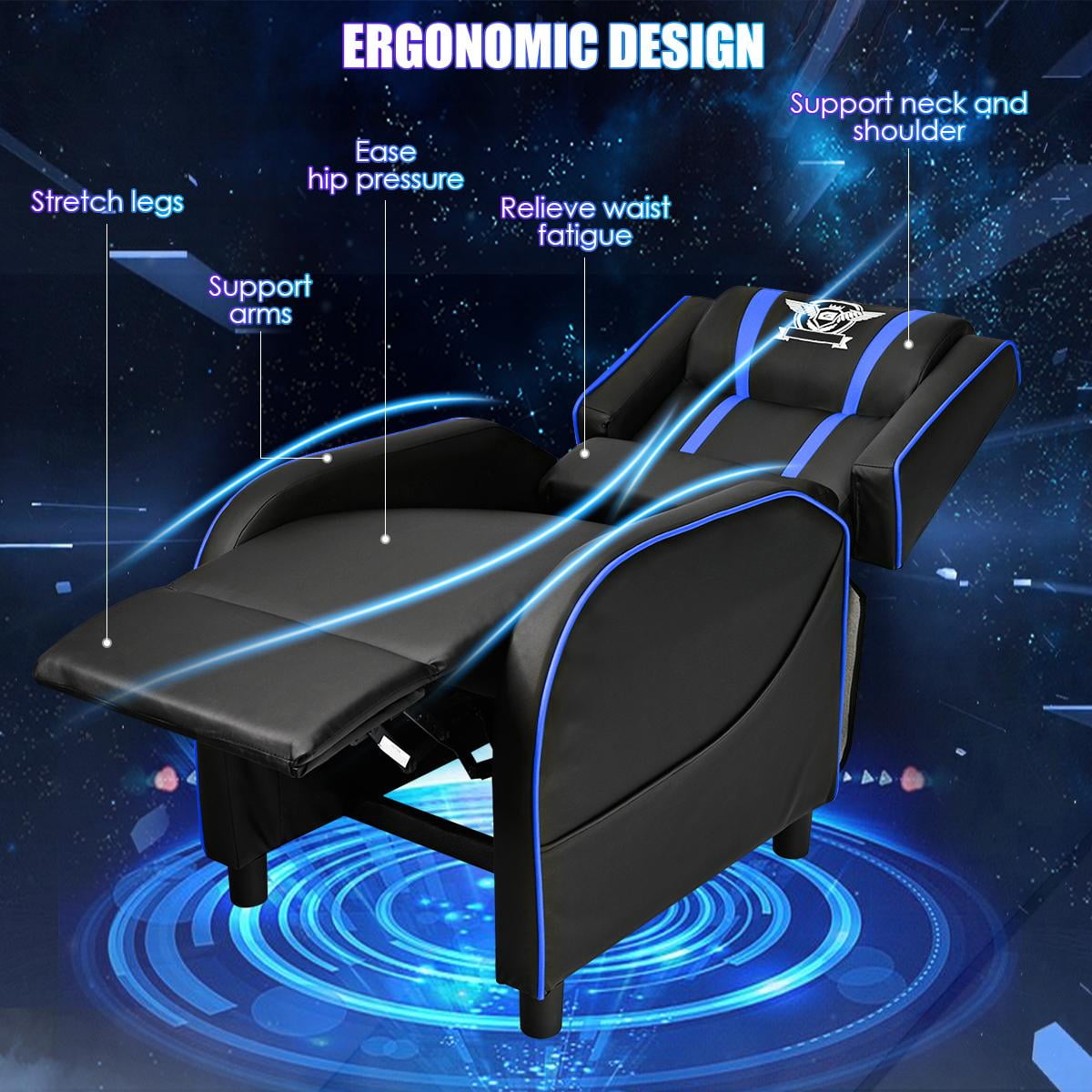 Giantex Gaming Recliner Chair, Reclining Gaming Chair Ergonomic Leather Sofa with Footrest Lumbar Support Headrest and Side Pouch for Living Room Home Theater, Blue