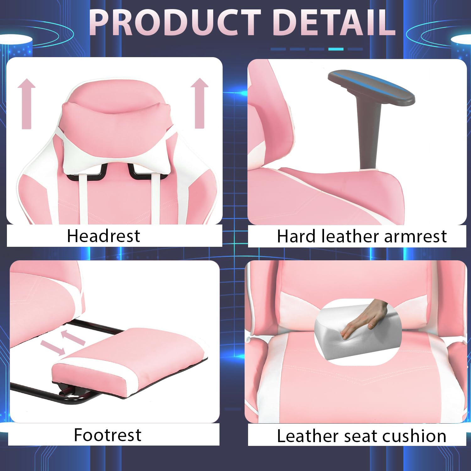 YRLLENSDAN Gaming Chair with Footrest & Adjustable Headrest for Adults and Kids, Big and Tall Gamer Chair with Lumbar Massage, Computer Chair Height Adjustable PU Leather Office Chair,Pink