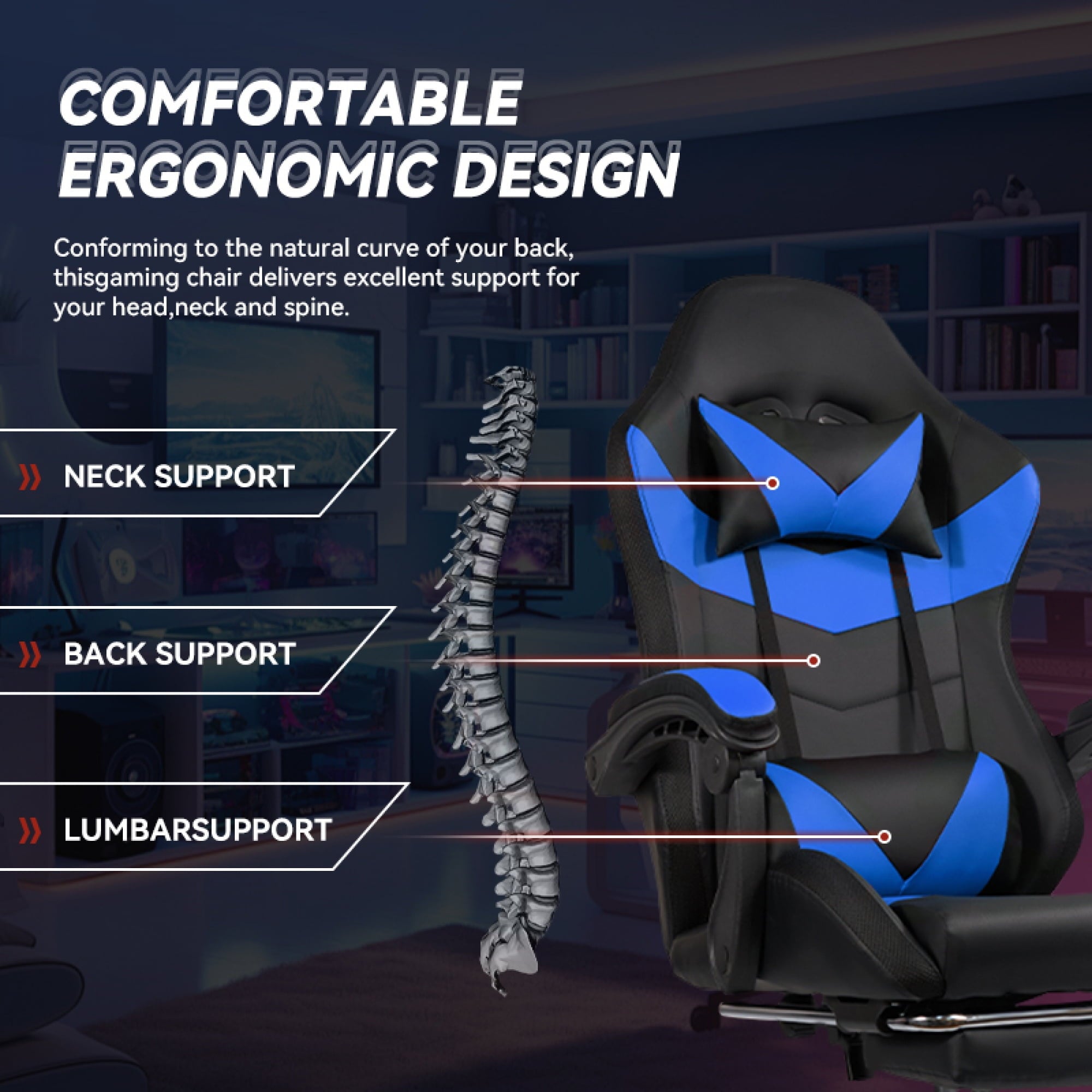 Gaming Chair Black-Blue - Ergonomic PU Seat w/Adjustable Armrests & Metal Legs