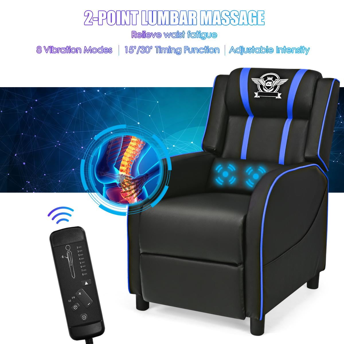 Giantex Gaming Recliner Chair, Reclining Gaming Chair Ergonomic Leather Sofa with Footrest Lumbar Support Headrest and Side Pouch for Living Room Home Theater, Blue