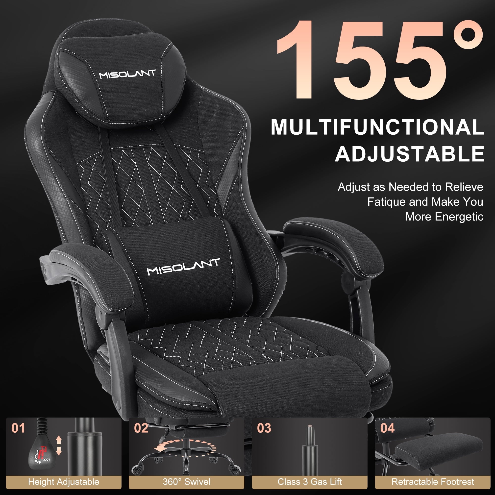 Misolant Gaming Chair, Fabric Gamer Chair with footrest for Adults, High Back Ergonomic Computer Game Chair with Adjustable Headrest and Massage Lumbar Support, 90-155° Recline Free，Black