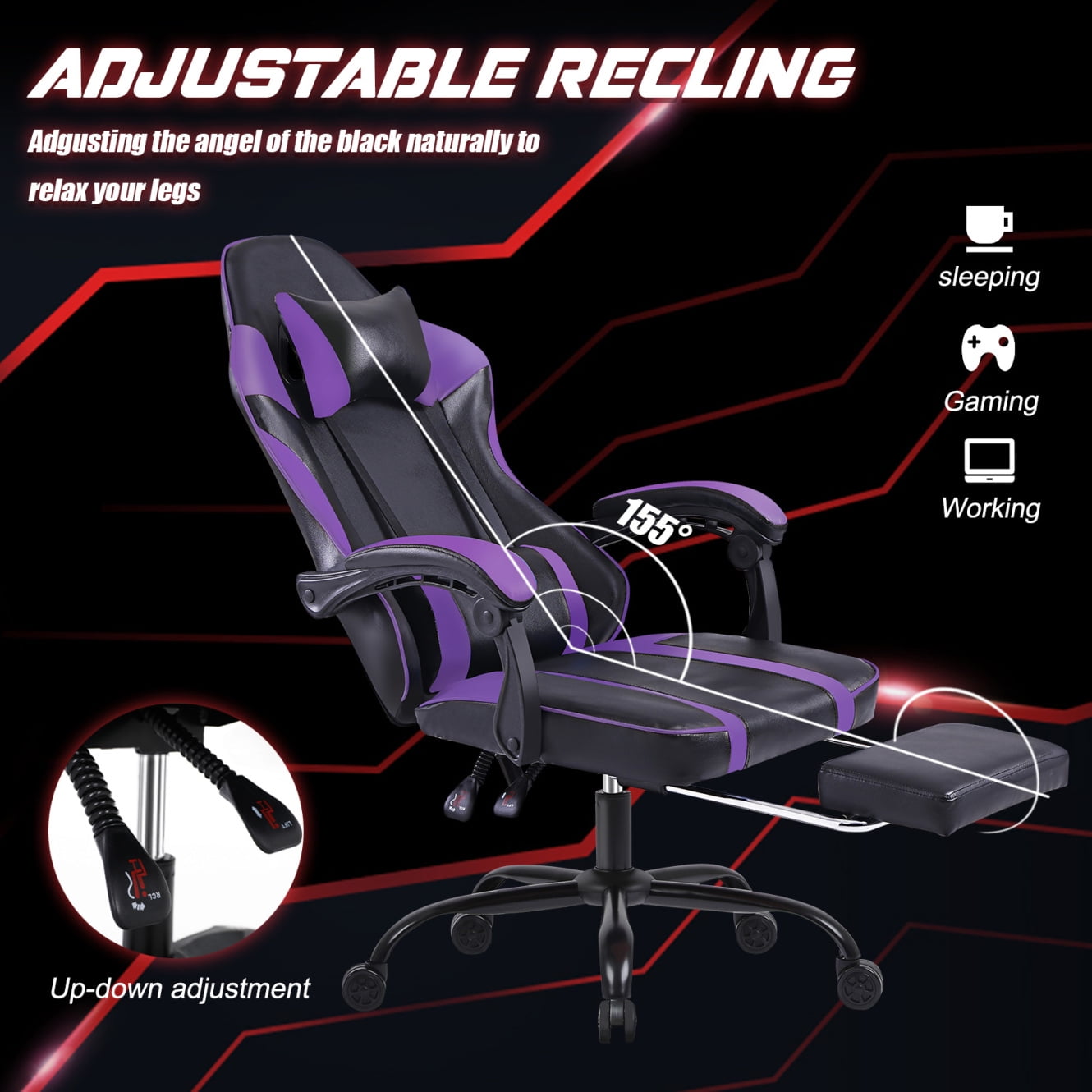 Ergonomic Adjustable Height Computer Chair,Reclining Swivel Gamer Chair with Wheels&Footrest,Gaming Chair with Headrest and Lumbar,Purple