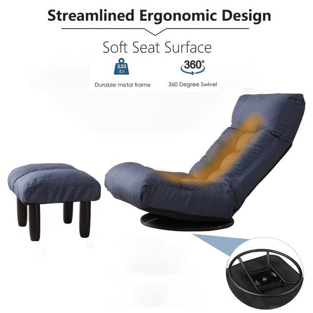 360-degree Swivel Gaming Chair, Folding Floor Chair with Adjustable Backrest, Cushion Padded Indoor Chaise Lounge with Stool, Lazy Sofa Couch Rocker Gaming Chair for Teens and Adults (Navy)