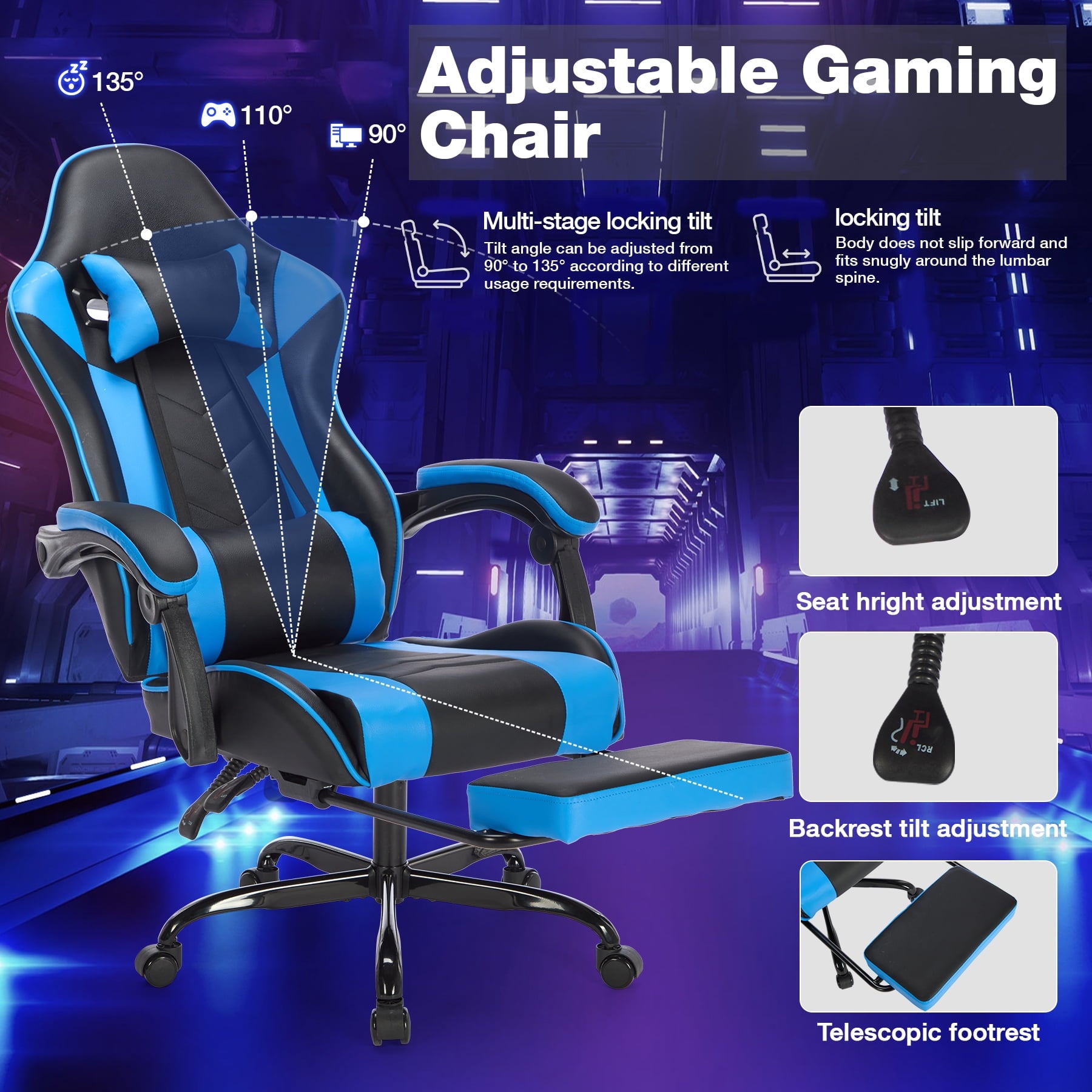 Reclining Game Chair Gaming Chair with Footrest, Ergonomic Computer Chair with Headrest and Lumbar Support, Breathable Material Height Adjustable Video Game Chairs for Adults, Blackblue,Gaming Reclin