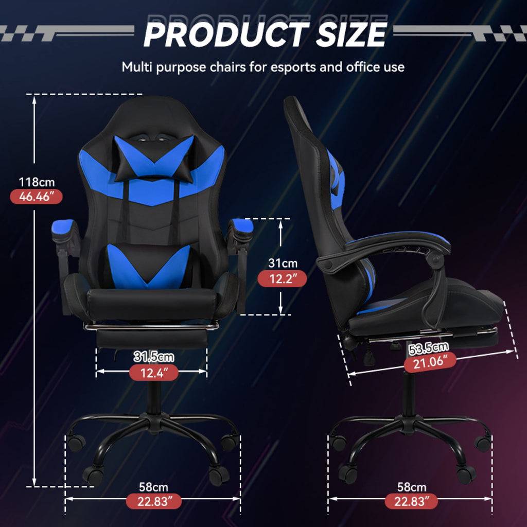 Gaming Chair Black-Blue - Ergonomic PU Seat w/Adjustable Armrests & Metal Legs