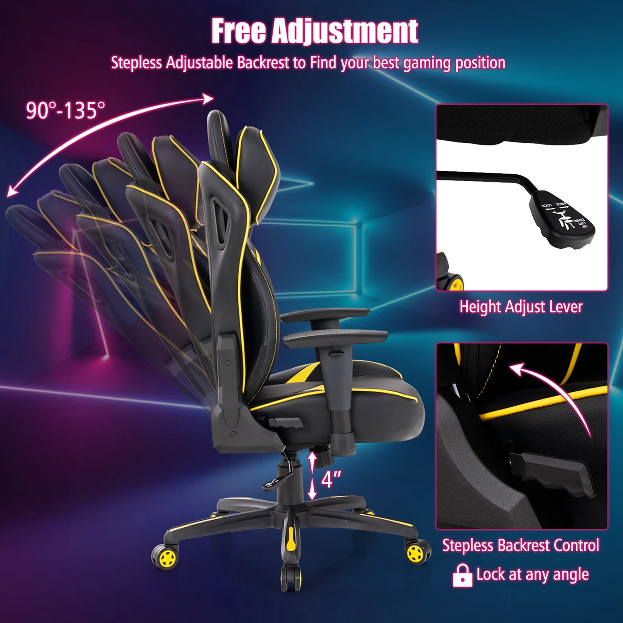 Goplus Gaming Chair 360° Swivel Computer Reclining Height Adjustable 2D Armrest Yellow